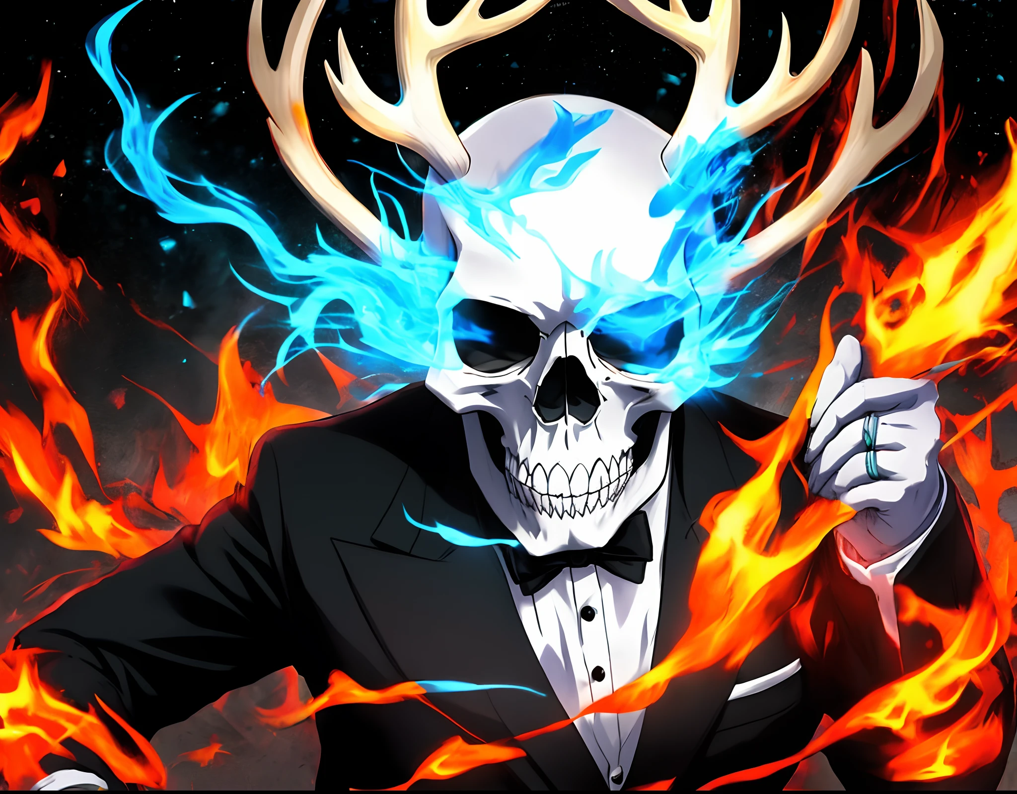 skull dressed in tuxedo with antlers and blue flames, with an bull skull for a head in a anime the skull is bald