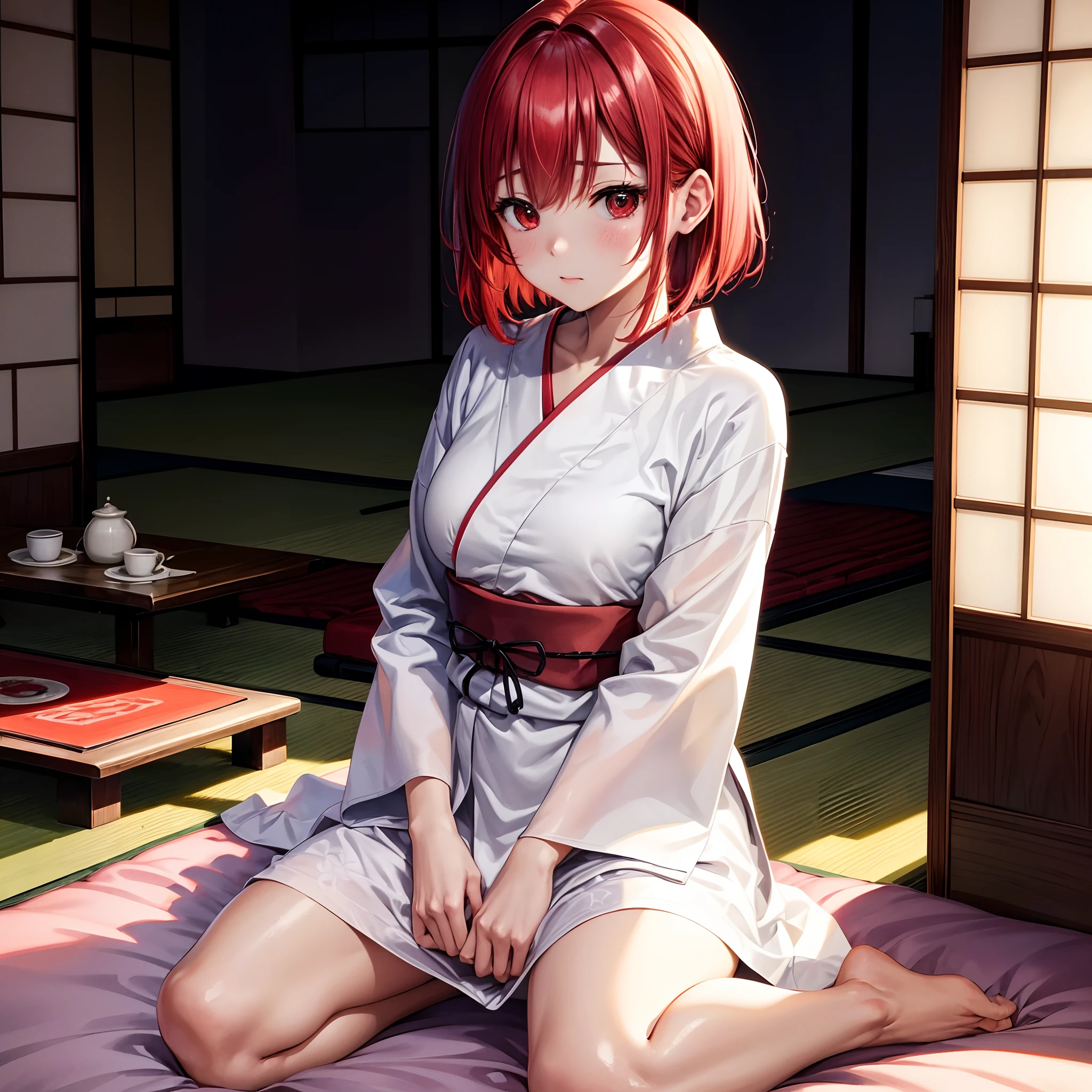 Masterpiece, Best Quality, High Resolution, Ultra High Resolution, Depth Of Field,1girl, red eyes, red hair, ((bob hair)), (yukata), nsfw, nude, small breasts, open mouth, blush, (lying, on back), (spread legs), vagina sex, (((cum in pussy))), on bed