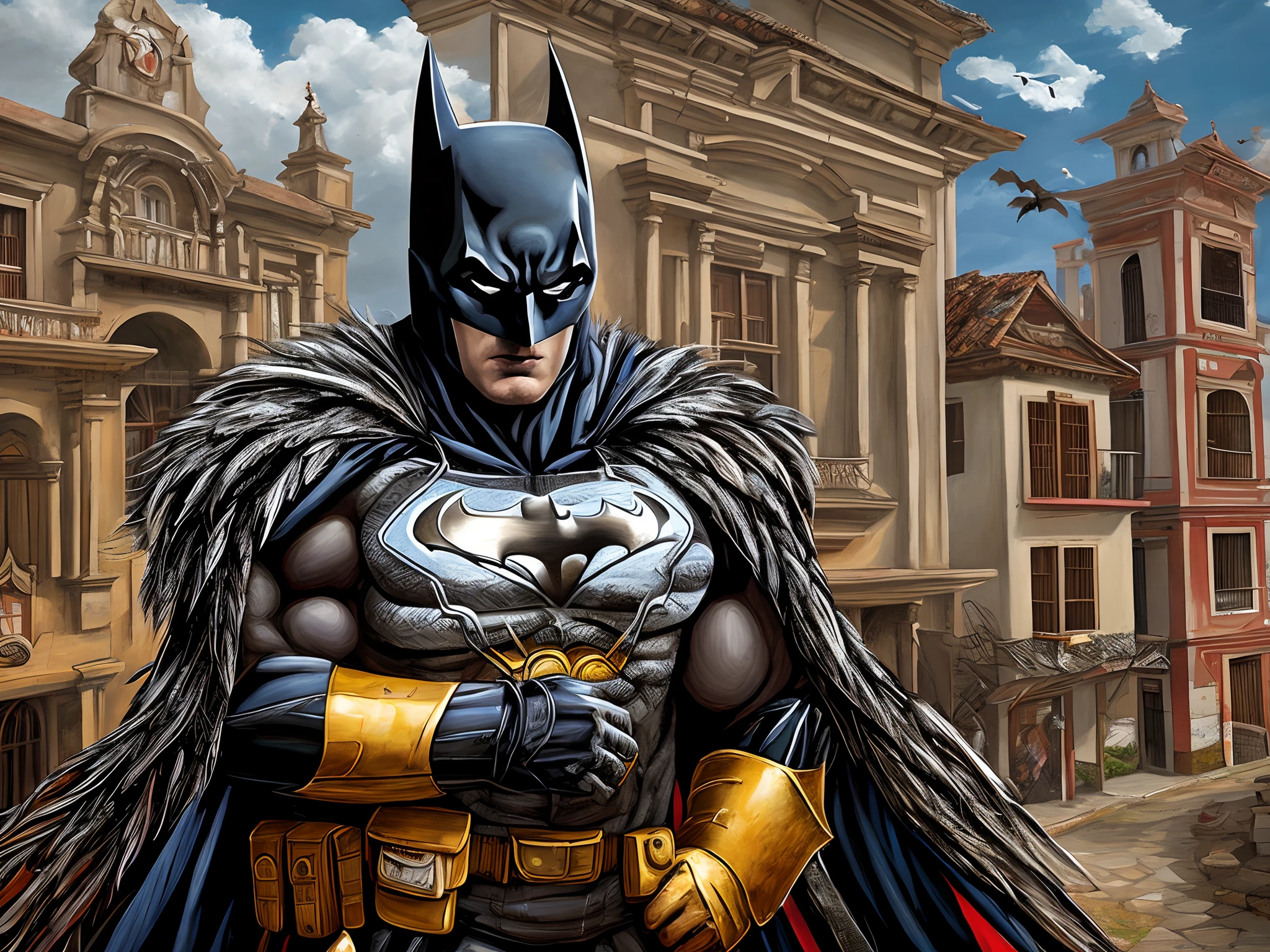 "Ultra realistic painting of an indigenous latinoamerican man dressed as Batman in a colonial Spanish town in Honduras, detailed colorful backdrop, Batman standing heroically in the central plaza, wearing a feathered cloak and traditional indigenous armor and weapons along with the Batman mask and logo, smoke and shadows, bats flying overhead, intricate textures and patterns inspired by latin american indigenous art and colonial architectural details, painted by digital artist inspired by Spanish colonial architecture art by Diego Velázquez and indigenous latin american artists"