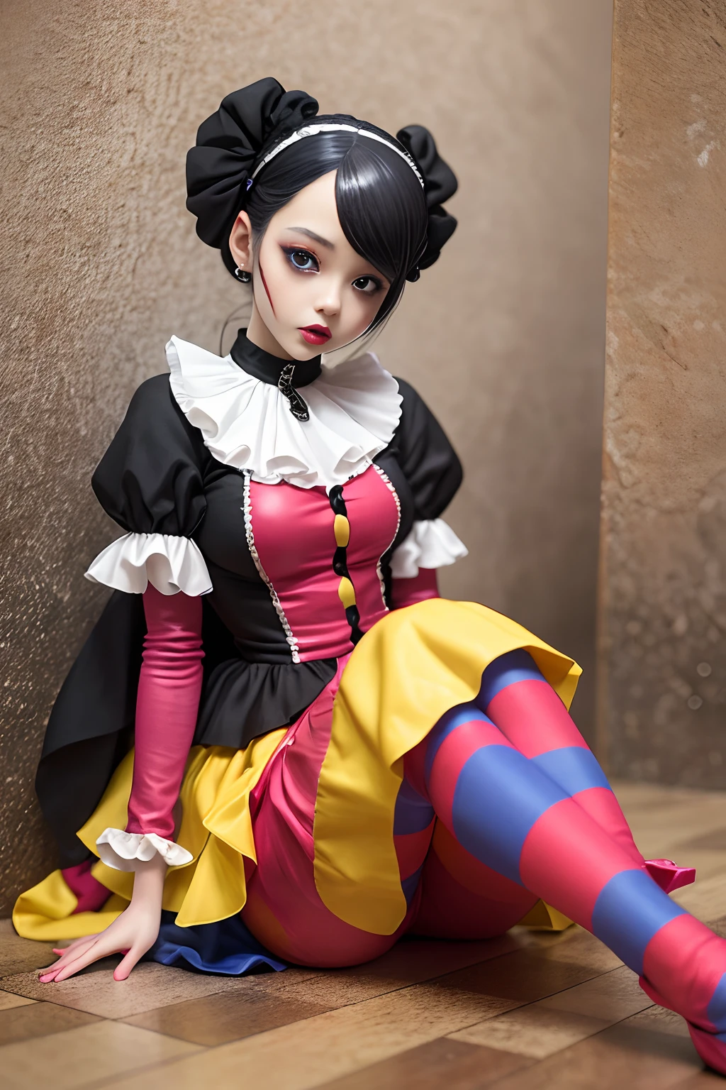 arafed woman ((Ukrainian teen)) in a black and white outfit sitting on a floor, a portrait inspired by Ray Caesar, tumblr, pop surrealism, goth clown girl, intricate clown makeup, intricate clown costume, clown girl, creepy clown girl, natalie shau, jester themed, jester, adrian borda, cutecore clowncore, portrait of circus artist, avant garde fashion model pop up parade figure, seductive anime girl, anime figure, (anime figurine), seductive. highly detailed, aoshima chiho, ( highly detailed figure ), pvc figurine