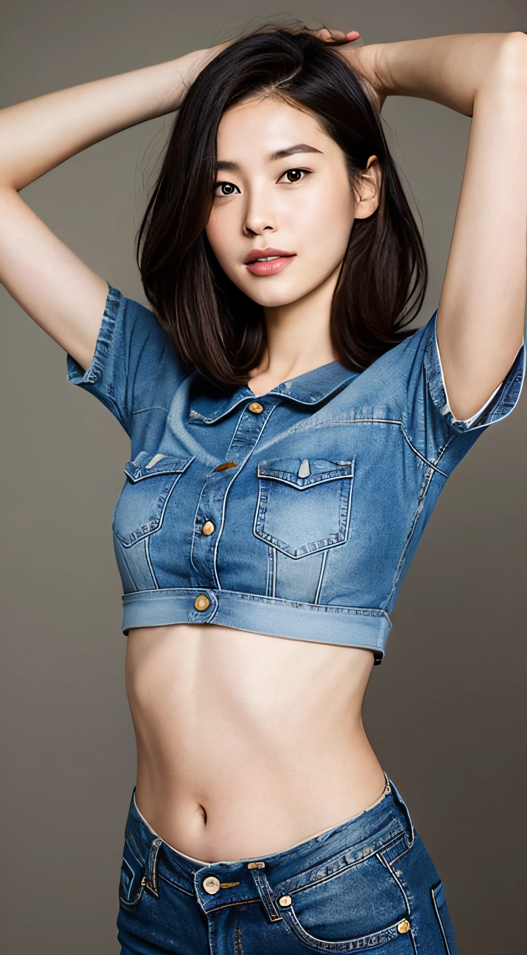 You are a professional gravure photographer.。future、Beautiful Eyes、 ((highest quality)), Clear contours, Woman with beautiful face, (((One Girl,alone))), ((Beautiful Eyes)), Sex Appeal,Albedo and Specular Maps、Accurate simulation of lightweight material interactions、Thigh shot、Three-dimensional background、Bob Hair、Open shirt