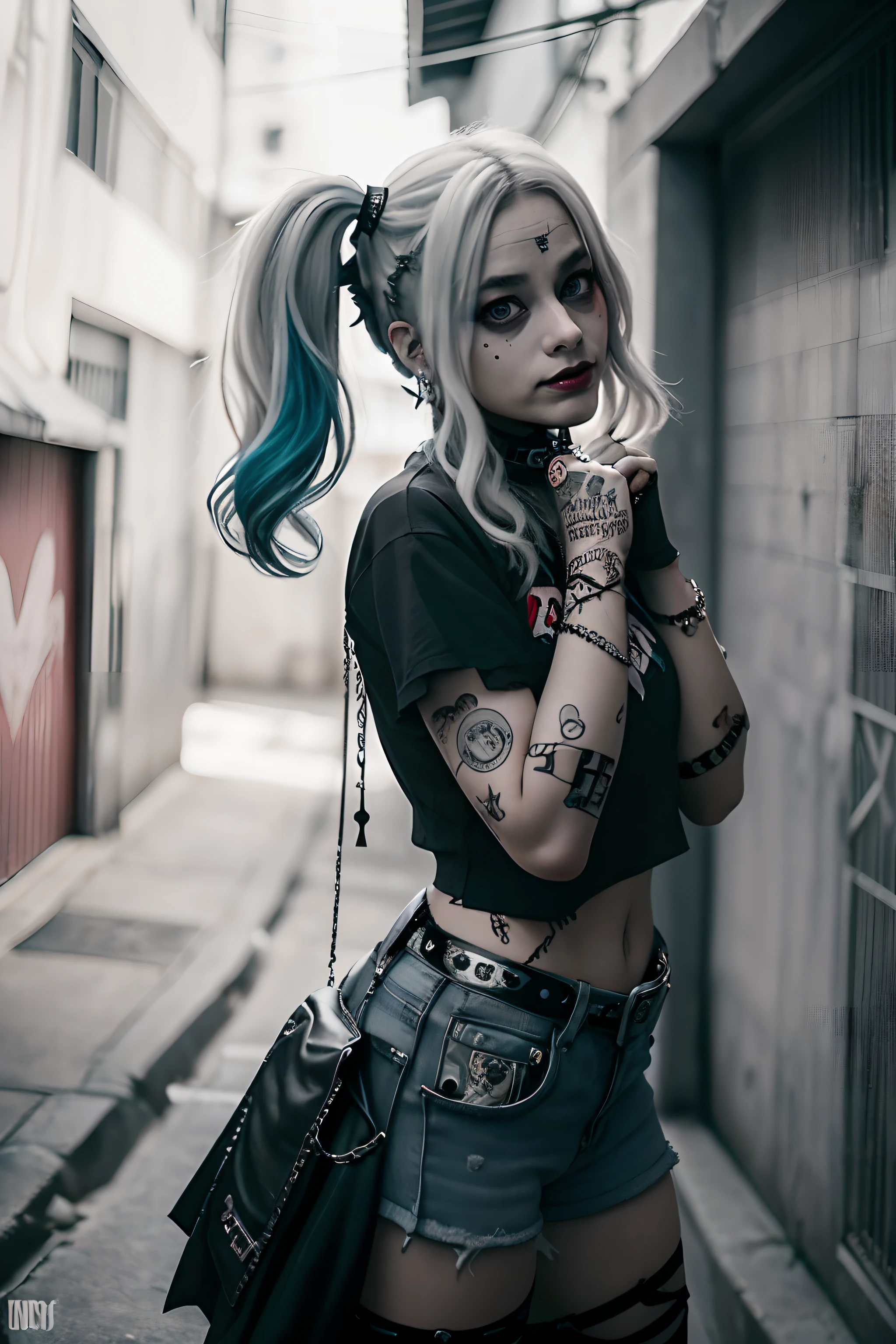 ((Harley Quinn como Garota Punk)), (Margor Robbbie), emo,sorriso, (rindo), gothic punk, 1girl em, solo, medium shot, ((durante a noite)), bokeh dof, Neon light, olhos iridescentes, starly sky, cabelos loiros com mechas rosa e azul ao estilo Harley Quinn, Sobrancelhas pretas, Cabelos radiantes, brinco, franja, joias, Bluntbangs, Backround desfocado, borrado, adornos de cabelo, pearsing, Olhe para os espectadores, retratos,、lo gothic、(masutepiece), (retrato), (aesthetic), (Beautiful), (loira superior ao estilo Harley Quinn), (alta qualidade), (aesthetic clothing), (Professional angle), (thirds rule), (Feminino), (female), (Beautiful),(feminine features), sozinho, 1 mulher, (Harley Quinn punk encantadora), Invernos, dramatic light, (Standing), Maquiagem preta, batom preto, sombra nos olhos preta;, (face frontal), (Challenging Expression), ((desafio)), (Jaquetas de couro e tatuagens), (e.G. e rosas), (cabelos grossos), Cabelos foscos com brilho, (Faixas de cabelo espalhadas no cabelo), (Visual arrojado e arrojado), (pale skin), (Roupas escuras), (camiseta de banda), (ripped jeans), (-), Crew neckline), ((Fundo do beco urbano)), (tiro de perto), beautiful hands, normal hands, two arms, Complete hands, Corpo bonito, dedos normais, cinco dedos, cinco dedos, Orelhas bonitas, orelhas normais, Olhos bonitos, olhos brilhantes, Boca bonita, beautiful lips,