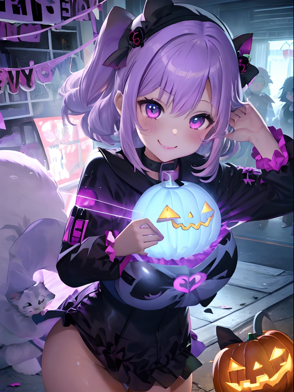 Halloween,Jack or lantern,Fluffy shorthair,Light purple hair,odd eye(Pink and light blue),teens girl,Chiquita,Black Magical Girl Suit,Hug the white cat,Cover your mouth with a cat,Upper Eyes,Smiling smile,red tide,AHE Face,A face full of anticipation,The inside of her eyes glows,Lots of sweets around