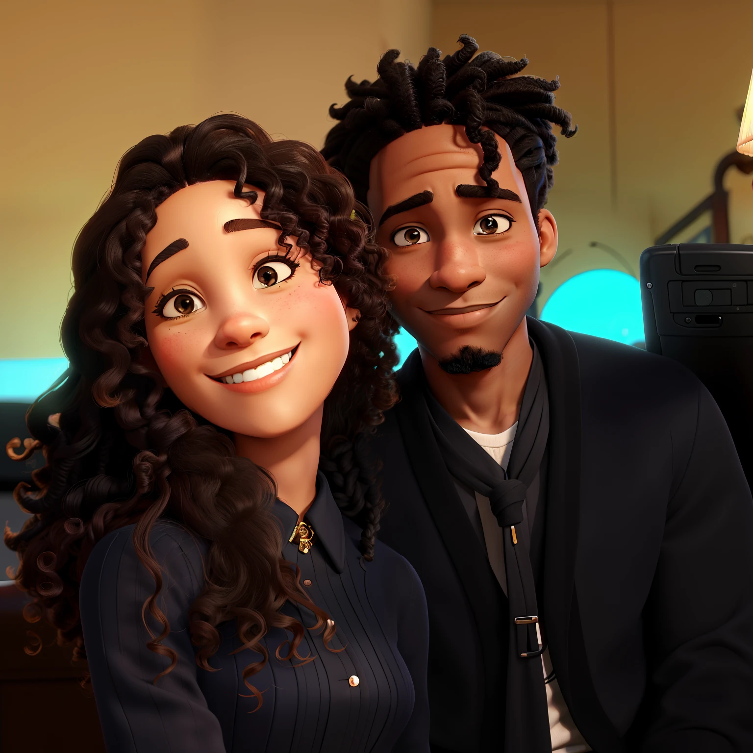 a tremendously beautiful and stylish black couple, the man with a small dread pointing forward and the woman smiling with beautiful curly hair