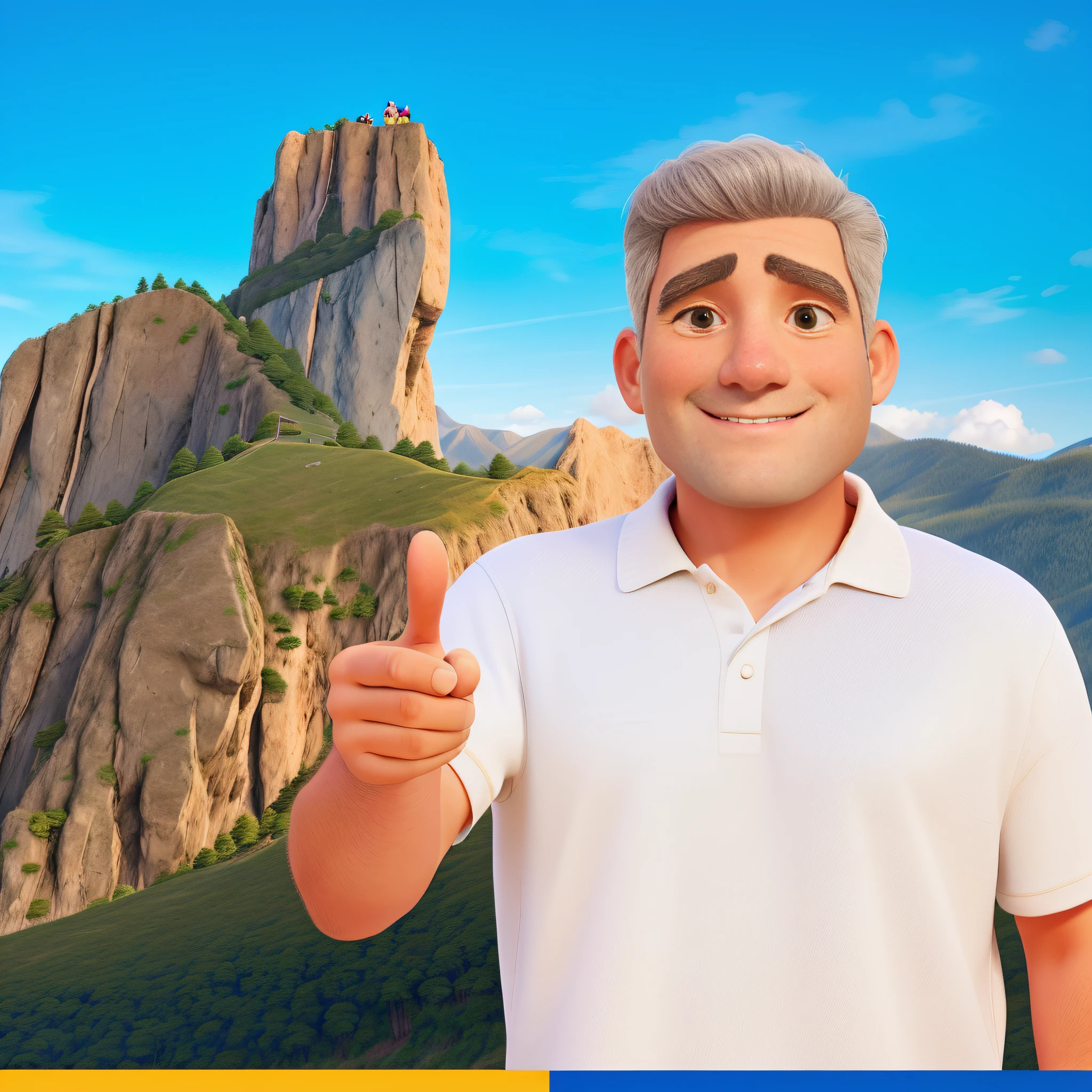 There's a man giving an inquiry up with a mountain in the background, blue skies