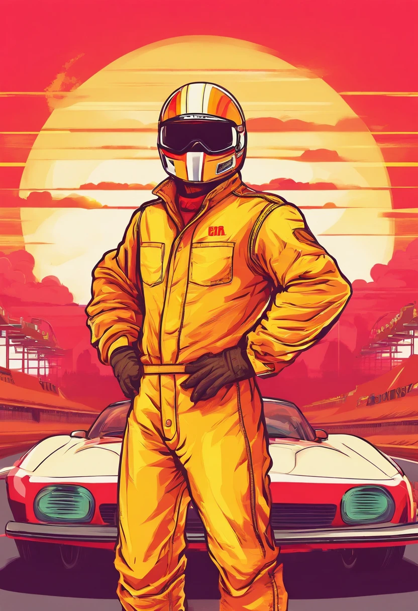 Man car racing driver standing in overalls with red yellow helmet on a race track