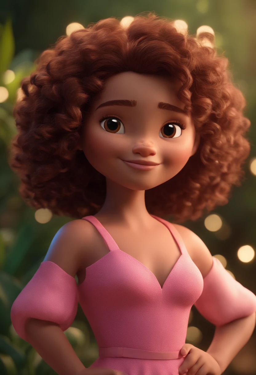 Menina com sorriso bonito, cabelos pretos longos,  estilo pixar