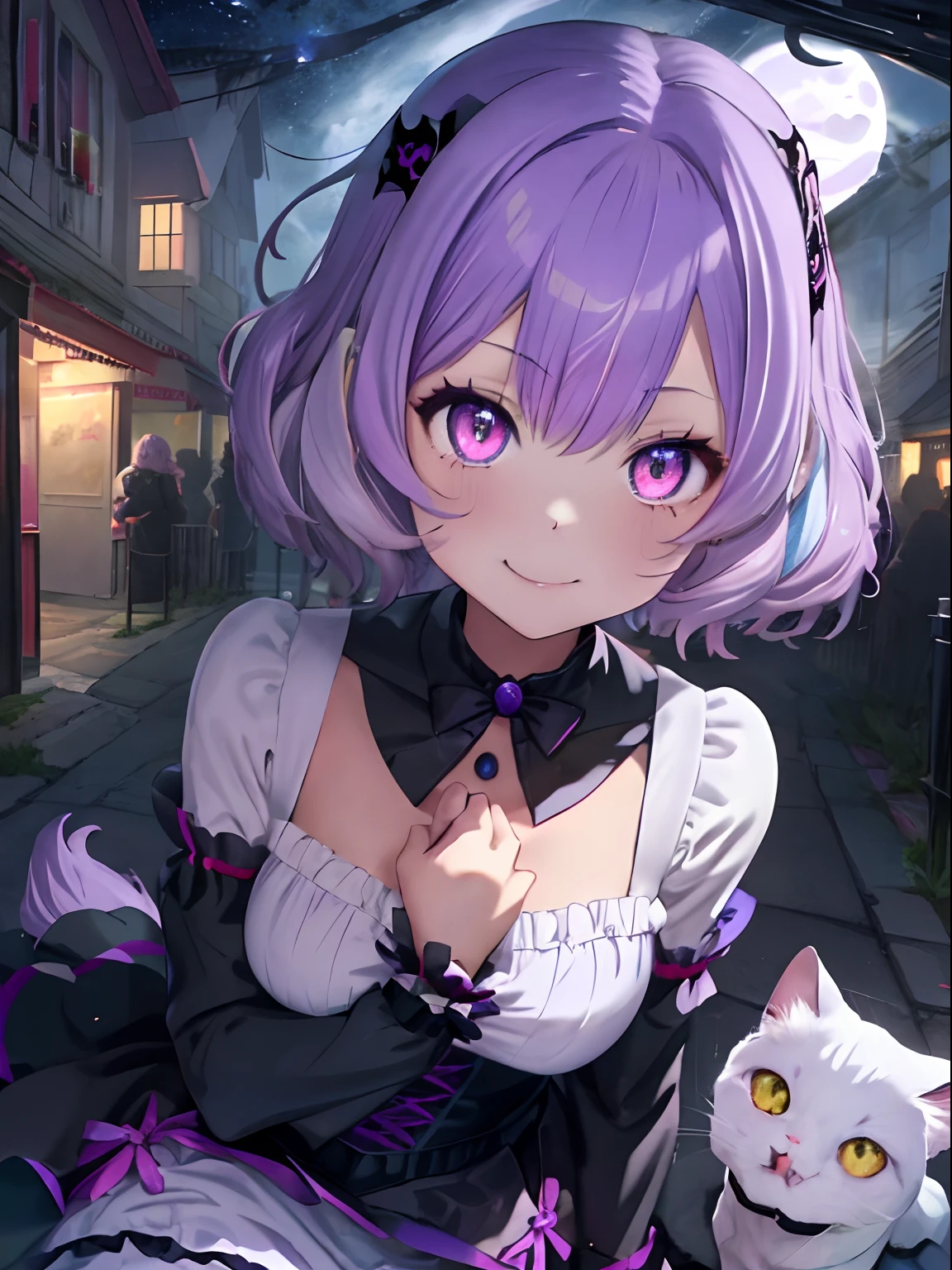 Halloween,Jack or lantern,Fluffy shorthair,Light purple hair,odd eye(Pink and light blue),teens girl,Black Magical Girl Suit,Hug the white cat,Cover your mouth with a cat,Upper Eyes,A slight smil,red tide,Waiting for a kiss,A face full of anticipation,The inside of the eyes glows,Lots of sweets around