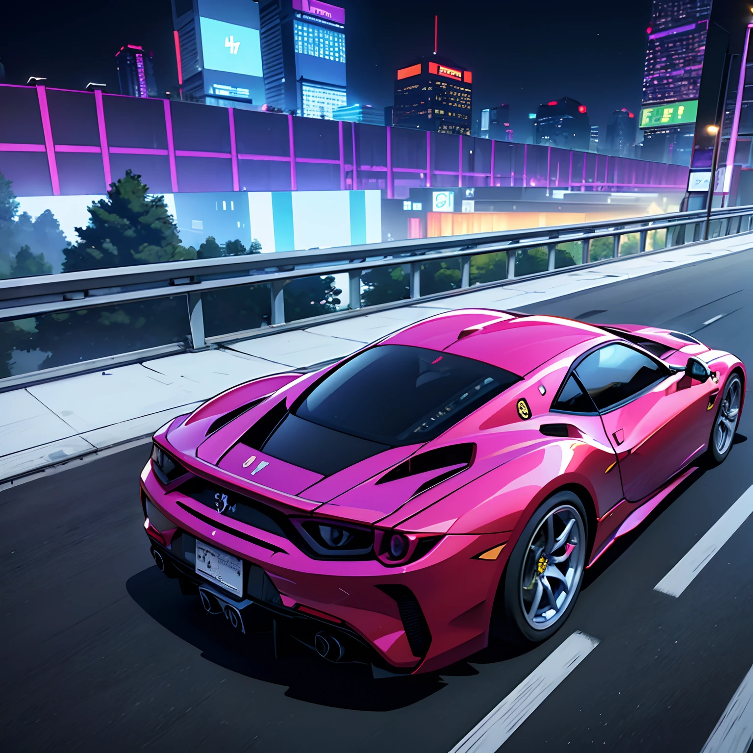 (Best quality, 8k, Masterpiece :1.2), hyper realistic, cyberpunk, at a mountain, an detailed purple Ferrari 488, Speeding on the highway, (Facing the audience), The blue skyscraper in the background, at night,