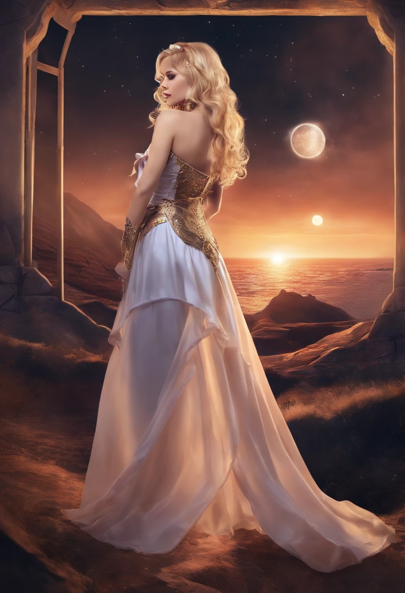 (master part, best quality:1.2), cowboy shot, sozinho, 1girl, Sheryl Nome, sorrir, boca fechada, Olhando para o Viewer, strapless dress, espartilho, saia em camadas, coxas, bareshoulders, outer space, estrela (heaven)