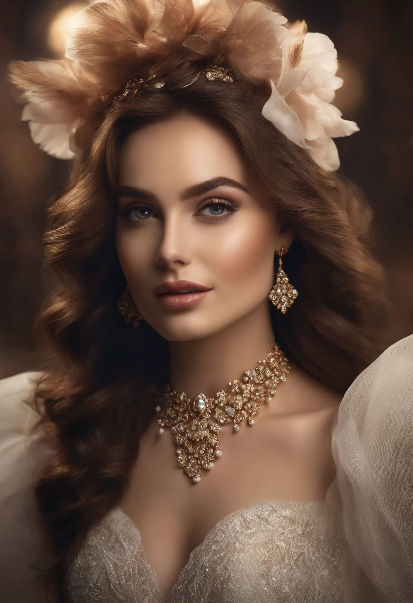 best quality, master part, high resolution, 1girl, Vestido de Porcelana de Seda Transparente, beautiful face, Hair accessories, looking up at the audience, sorridente, feche a boca, lips, vestir, Hair accessories, Colares, jewelries, cabelos longos, Brincos, beautiful face, no corpo, Efeito Tindal, realismo, Dark Studio, edge lighting, Two-tone lighting, (pele de alto detalhe: 1.2), 8k UHD, DSLR, luz suave, alta qualidade, Volumetric lighting, fotografia, high resolution 4K, 8k, Fundo desfocado