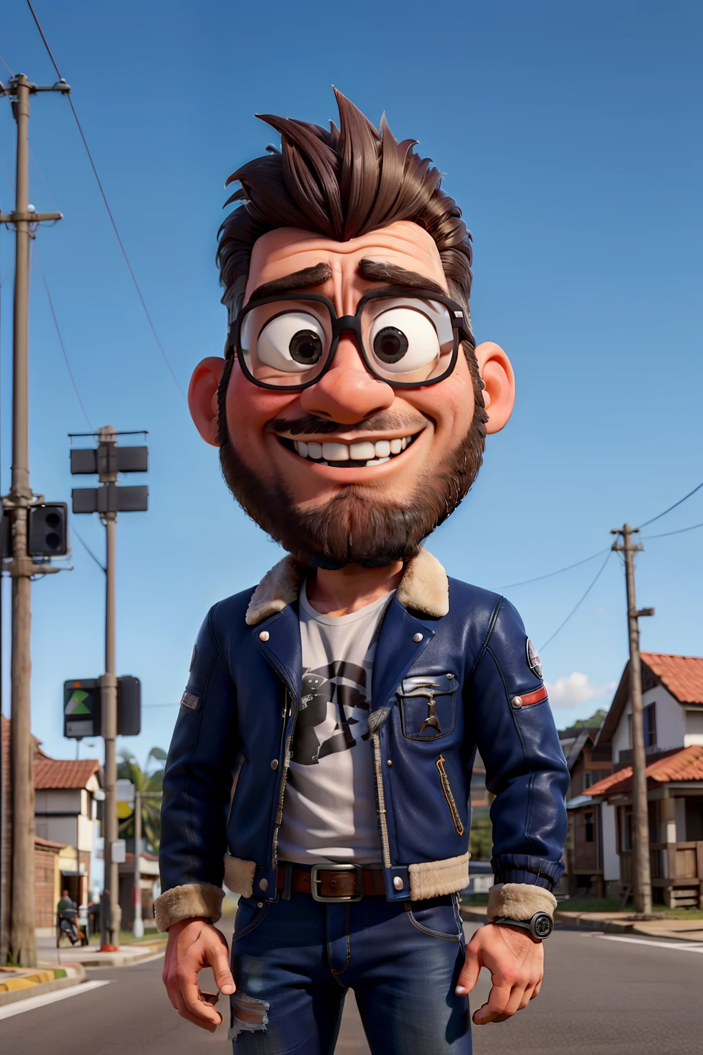 master part, best quality, um velho com barba branca e longos cabelos castanhos, vestindo uma jaqueta de couro e jeans preto, ao lado de sua motocicleta