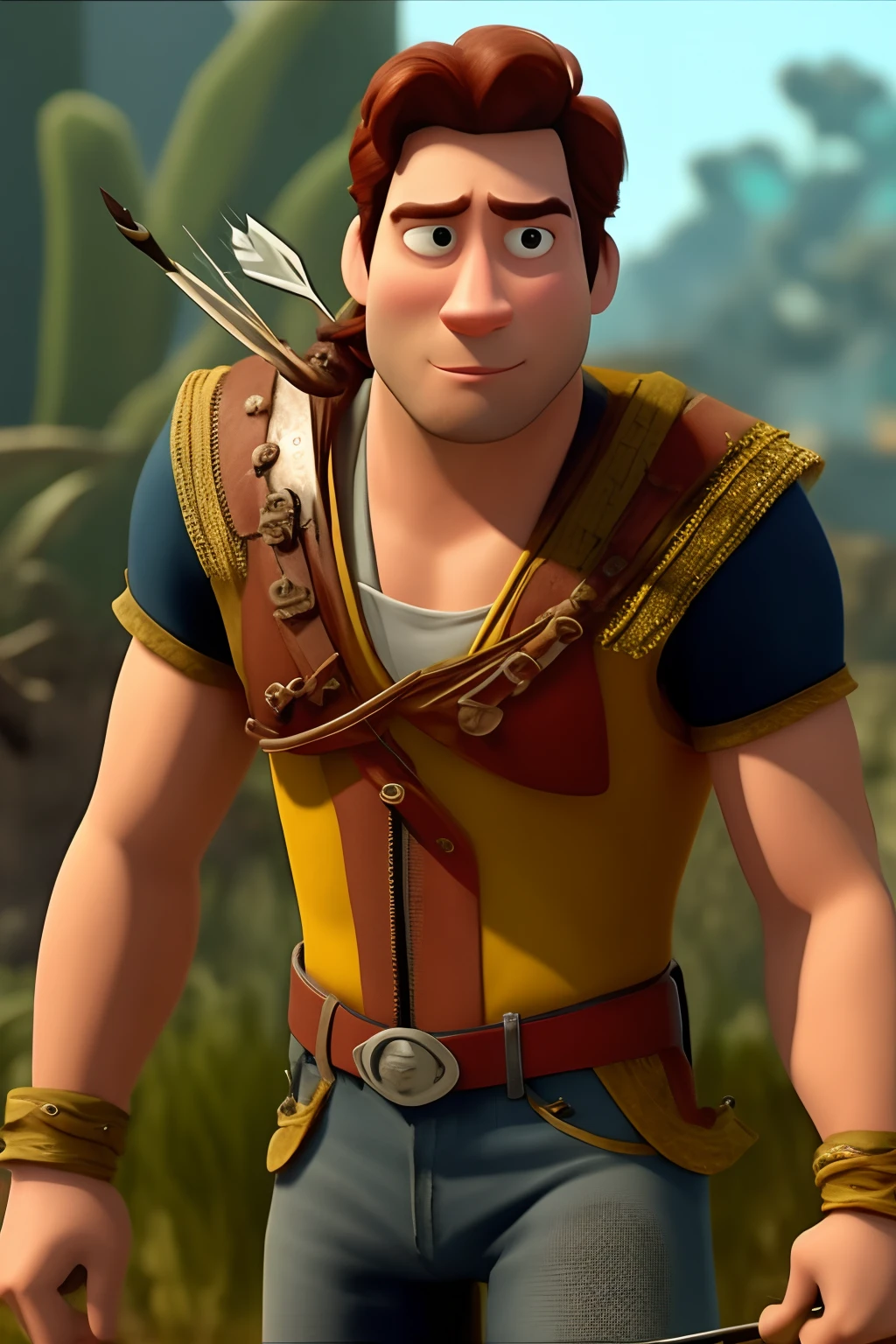 Baseado na Pixar, criar um homem negro, forte, sem camisa, usando colares verde escuro, With a bow and arrow in his hand, no meio de uma mata