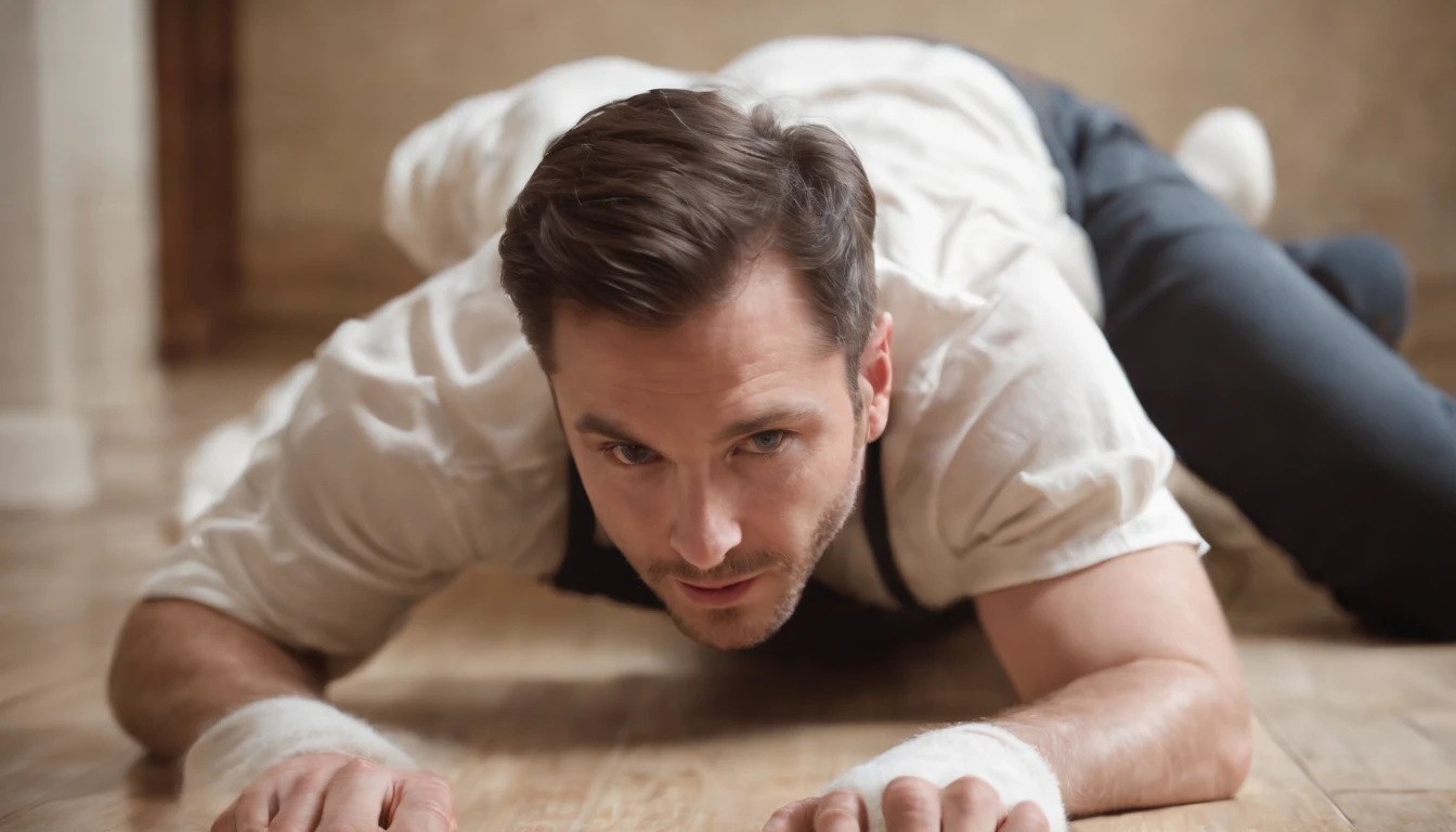 36 year old man, master, dirty white socks, ultra sharp focus, realistic shot, pov, looking at viewer, viewer laying on the floor, emotion is high libido and anger, dept of field