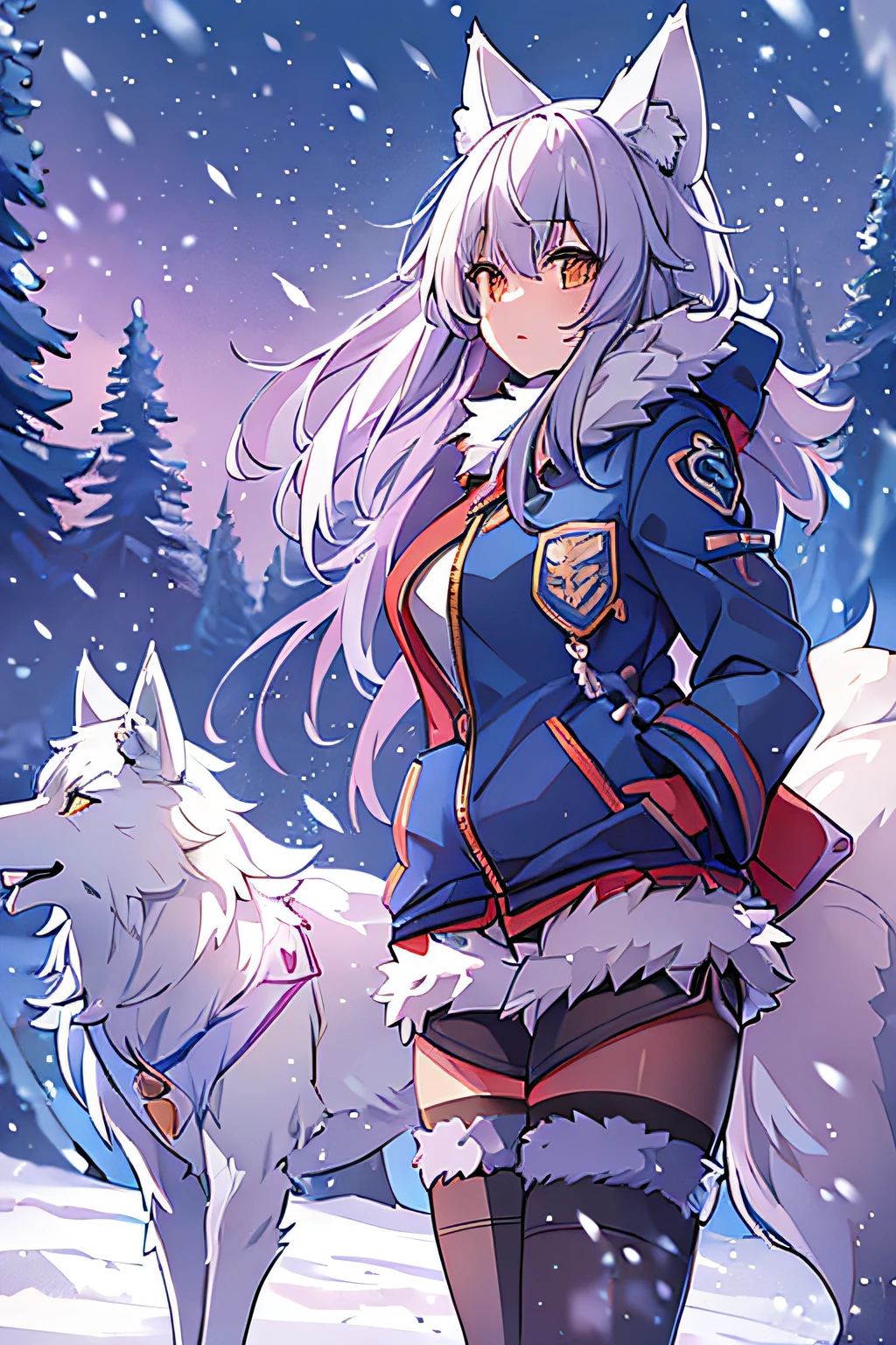 a wolf girl with beautiful long hair, wolf ears, wolf tail, wearing an open jacket, and short shorts, frozen landscape, snowing, facing the lence, high quality, high res