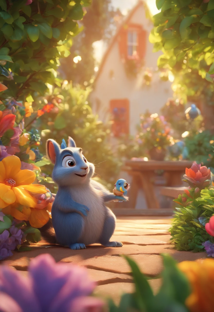 (best quality,4k,8k,highres,masterpiece:1.2),ultra-detailed,(realistic,photorealistic,photo-realistic:1.37),illustration,pixar style,colors vibrant,playful lighting,a man,expressive facial features,wearing casual clothes,smiling face,dynamic pose,surrounded by whimsical objects,joyful and immersive garden scape,with colorful flowers and lush greenery,friendly animal companions like talking birds and mischievous squirrels,brilliant sunshine creating soft shadows,pixar character charm and storytelling essence.