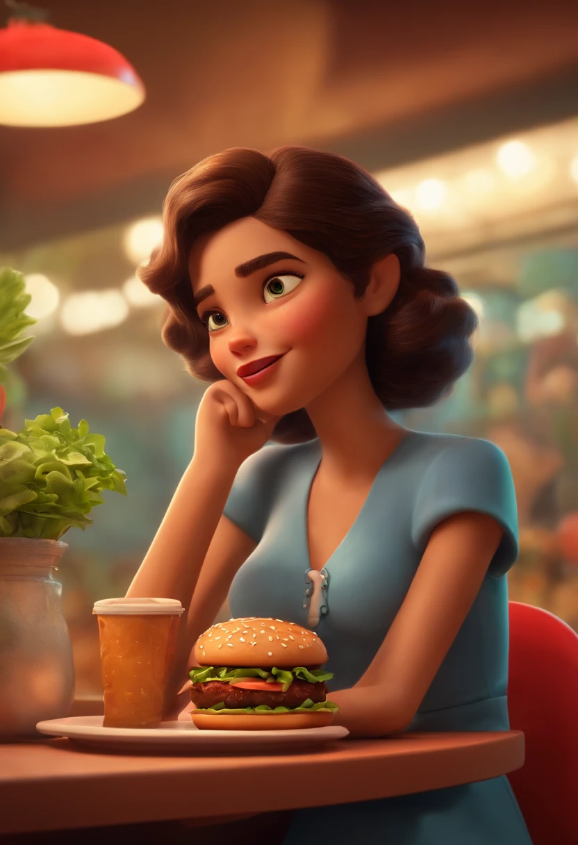 Make a Girl, She's hungry, como Disney Cartoon, She's eating hamburger, Pixar, ..3d, Disney
