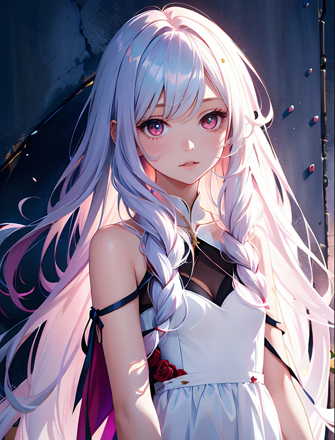 portrait of a girl,rose wall,sliver gradient hair,long hair,white dress,fantasy,.