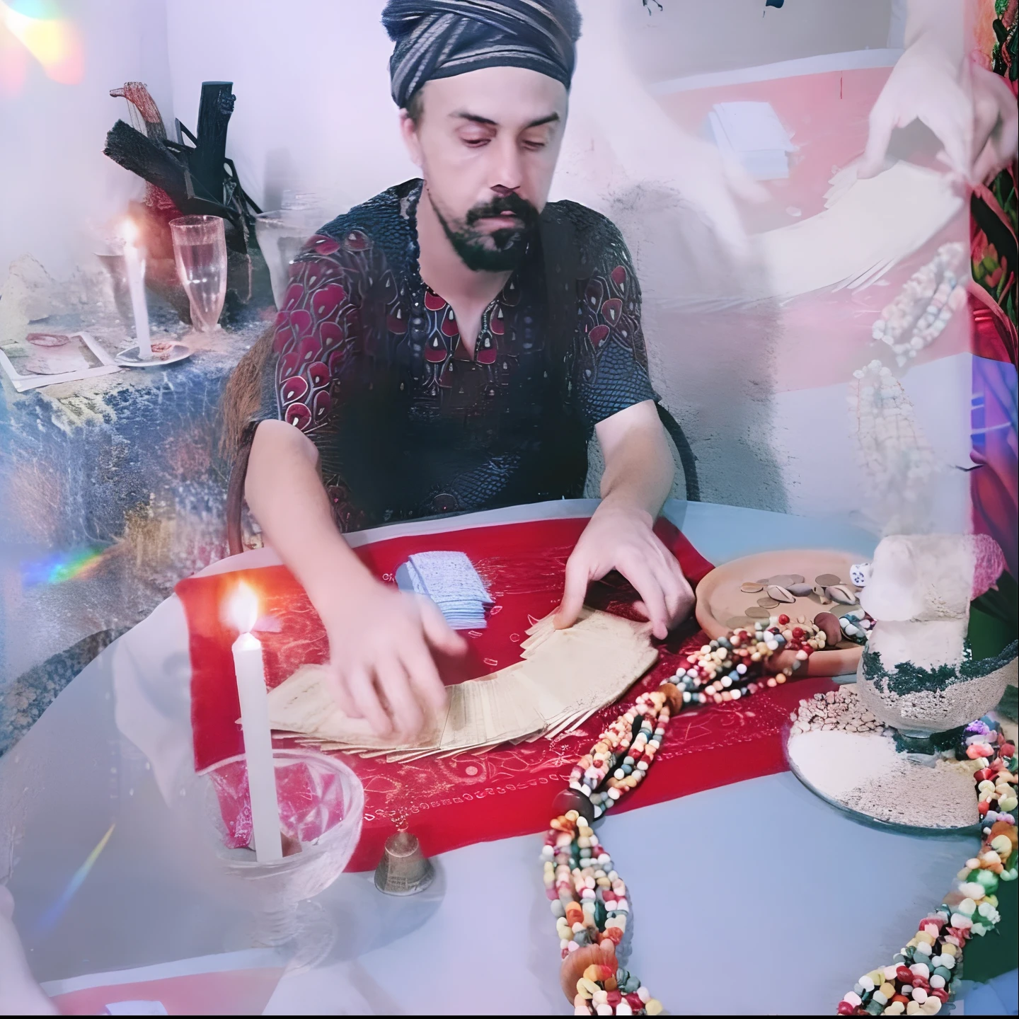there's a man who's a spell transmission wizard, wizard doing a tarot reading, spell casting, ayahuasca ceremony, ayahuasca shaman, casting a protection spell, Magic Throwing Spell, connection rituals, casting a magic spell, adivinho, magic art flowing from hands, Maya Ali Feiticeiro, Demonic Magic Ritual