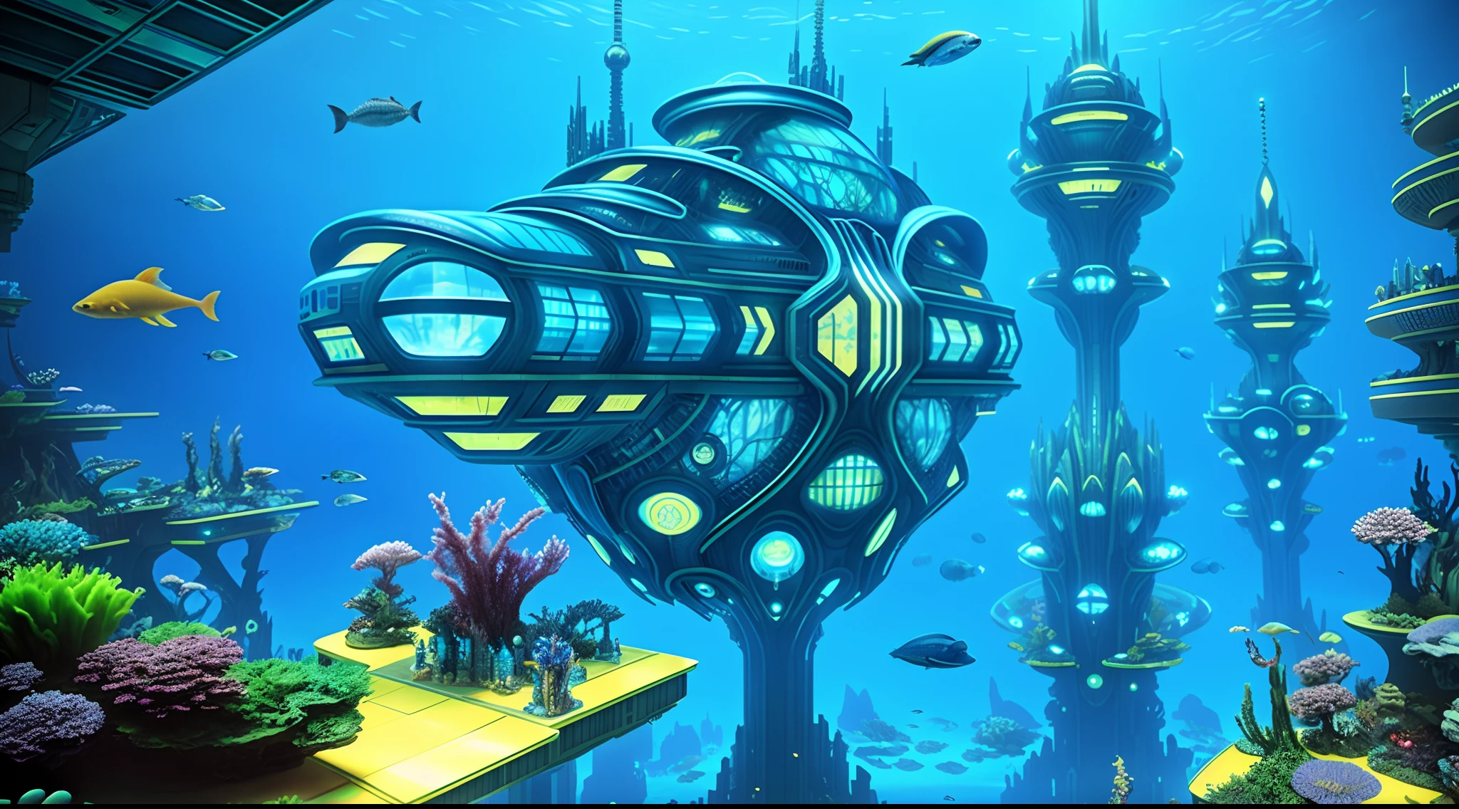 There is a large aquarium,There are a lot of fish in it, futuristic underwater metropolis, an underwater city, an underwater city, stuning fantasy 3 d render, Futuristic setting, in fantasy sci - fi city, futuristic utopian fantasy, surreal sci fi set design, futuristic palace, Undersea temple, jellyfish temple, surreal sci fi architecture, Underwater temple with fish