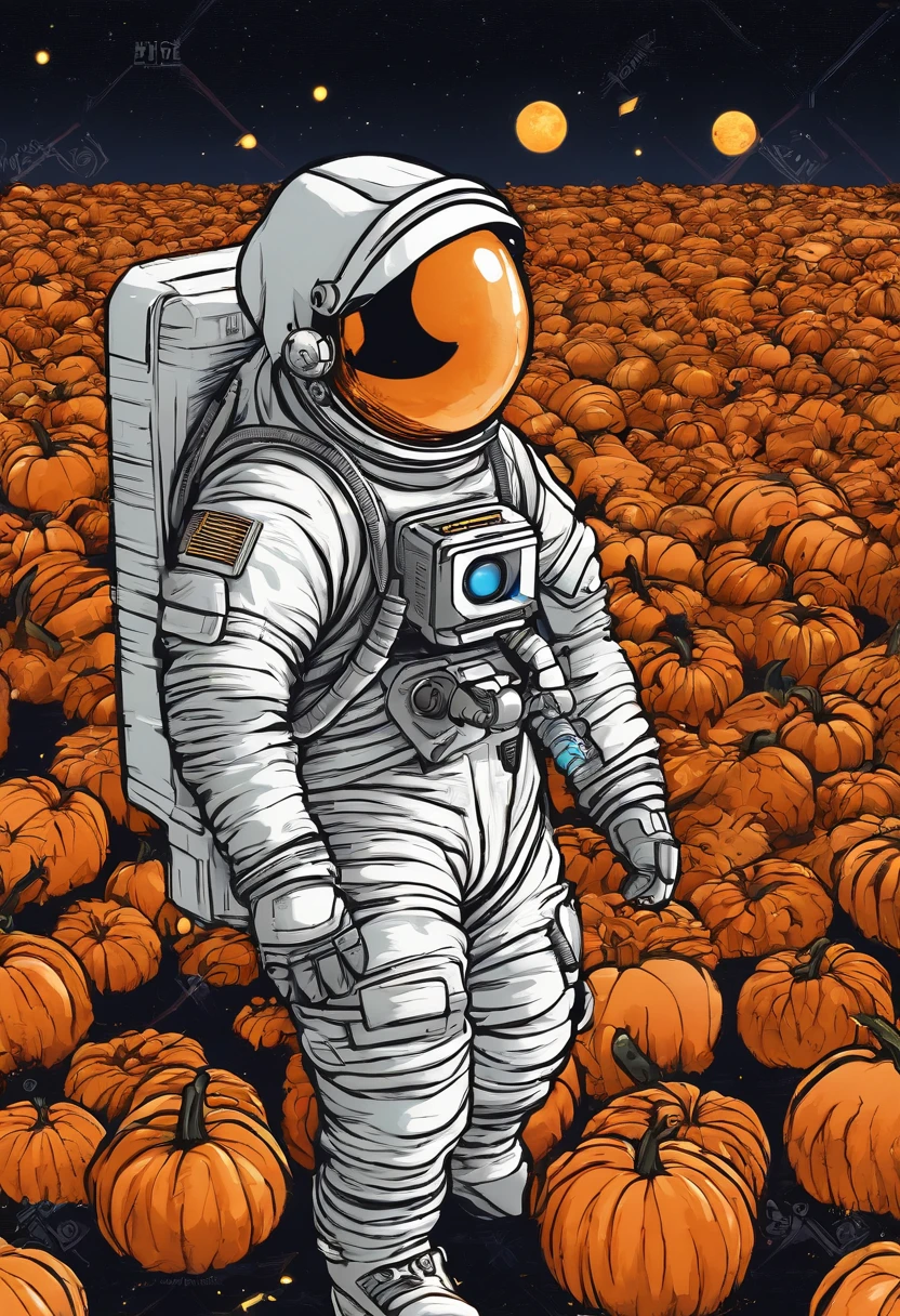 Realistic image of an astronaut walking holding a flashlight in a bed of illuminated pumpkins. Ilumine a noite com uma variedade de lanternas esculpidas exclusivamente, each radiating its own mysterious charm