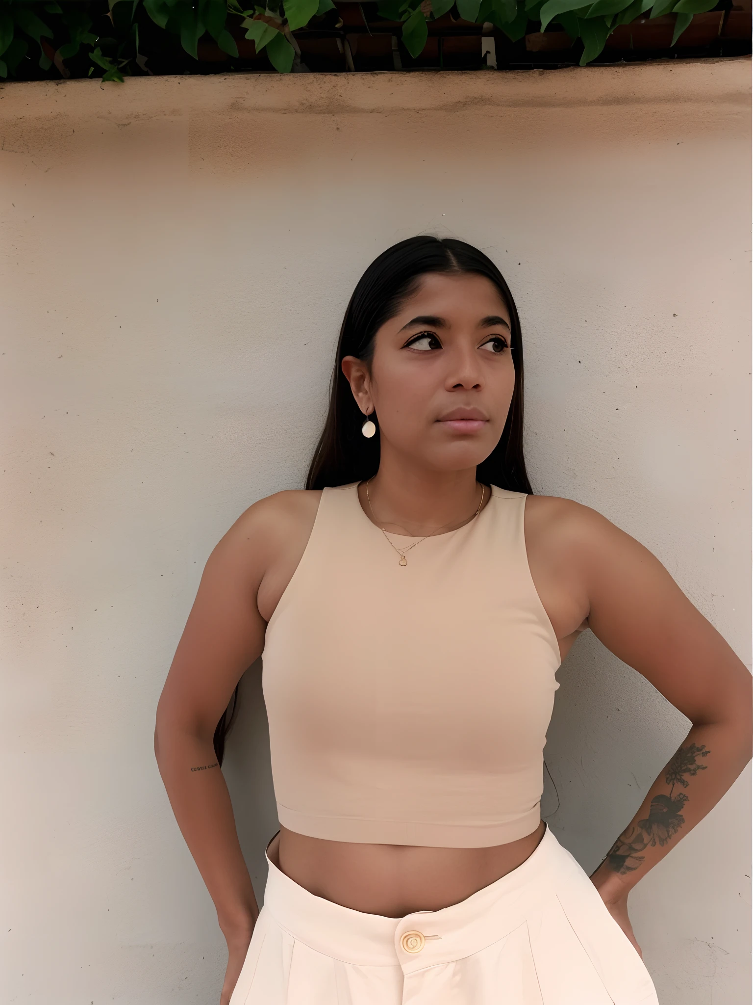 There's a woman leaning against a wall with her hands on her hips, usando um top cropped sexy, imagem de perfil, Malika Favre, com pele parda, taken in the early 2020s, usando crop top, Ayahausca, Alanis Guillen, usando um crop top, foto de perfil, Violeta Myers, usando um top cropped