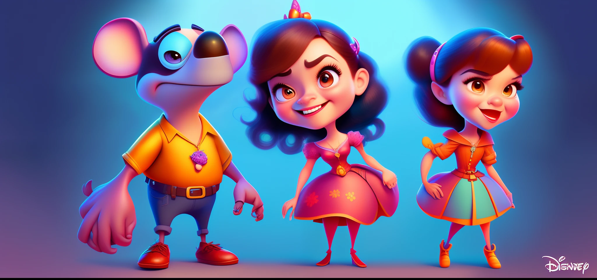 a pixar Disney couple transformed into Pixar Disney characters, (best quality, highres, professional) detailed characters, vibrant colors, captivating expressions, lively poses, magical background, enchanting lighting, stylized rendering, cartoonish features, iconic Disney charm, playful atmosphere, whimsical elements, breathtaking details