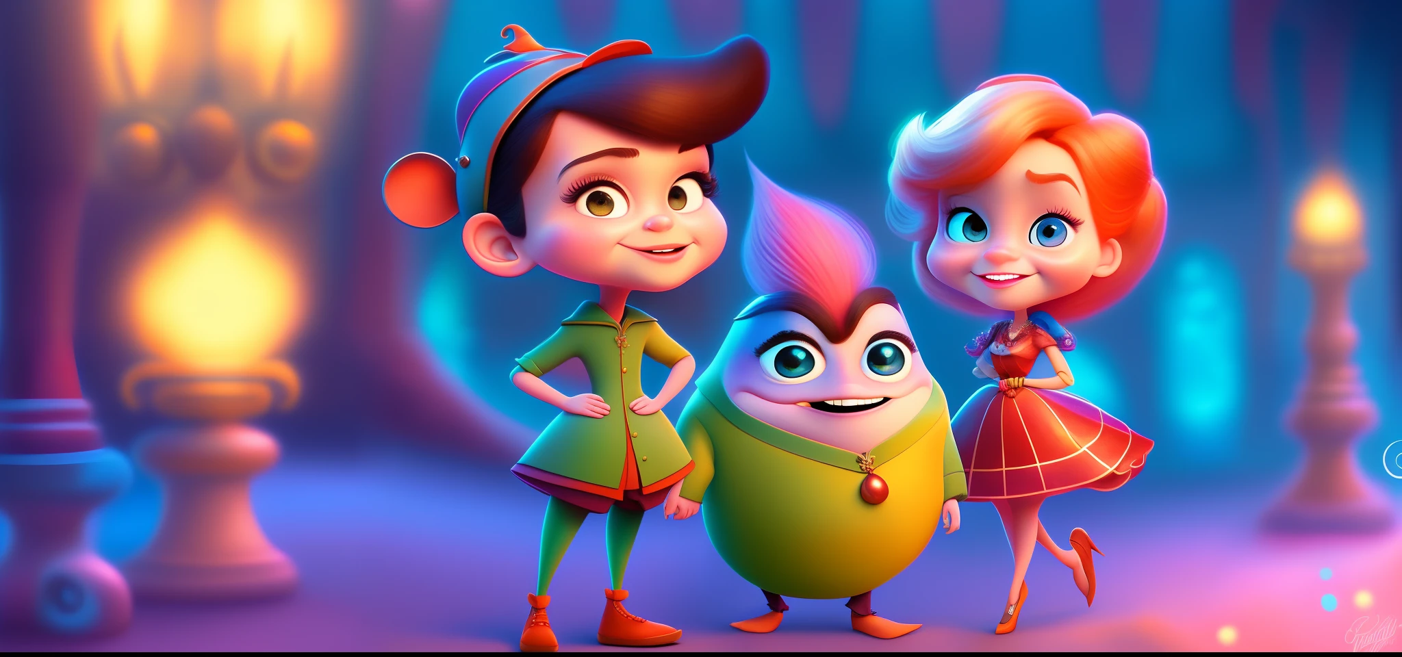 a pixar Disney couple transformed into Pixar Disney characters, (best quality, highres, professional) detailed characters, vibrant colors, captivating expressions, lively poses, magical background, enchanting lighting, stylized rendering, cartoonish features, iconic Disney charm, playful atmosphere, whimsical elements, breathtaking details