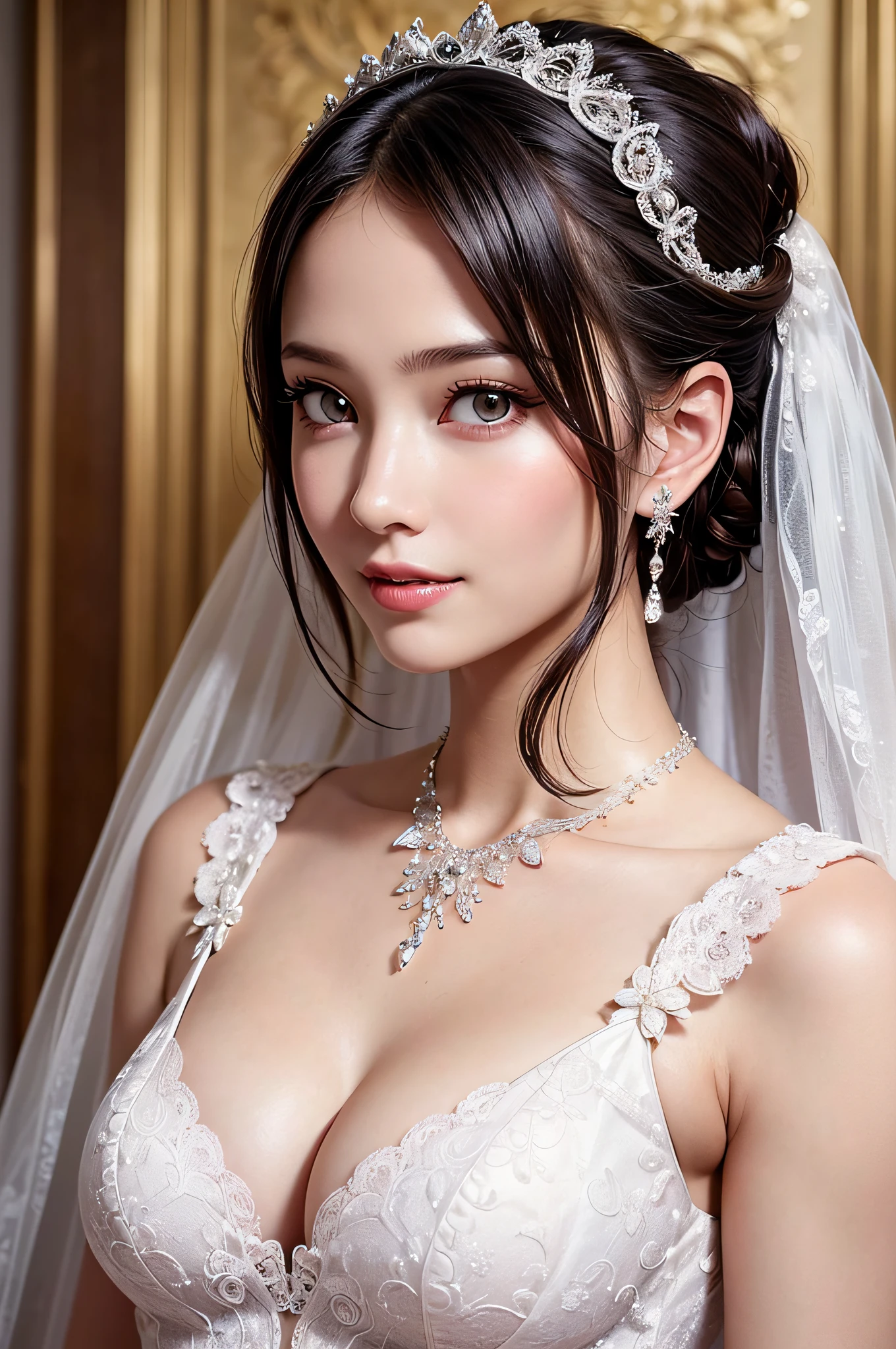 (1girl), Updo hairstyle, Princess, Extremely cute face, Amazing face and eyes, (Highly detailed eyes, Highly detailed face), fresh, Very clean appearance, (Hyper-realistic, hight resolution), (Best Quality:1.4), (hyper quality), Authentic skin texture, Raw photo, (Realistic, Photorealsitic:1.37), highly detailed, Professional Photography, (beautiful lace bridal dress:1.5), (lace bridal dress with open front), (cleavage:1.2), (Bare shoulders), Smile slightly, (Staring at me), luxurious tiara, luxury accessories, necklaces and earrings, luxury living room, girl portrait,