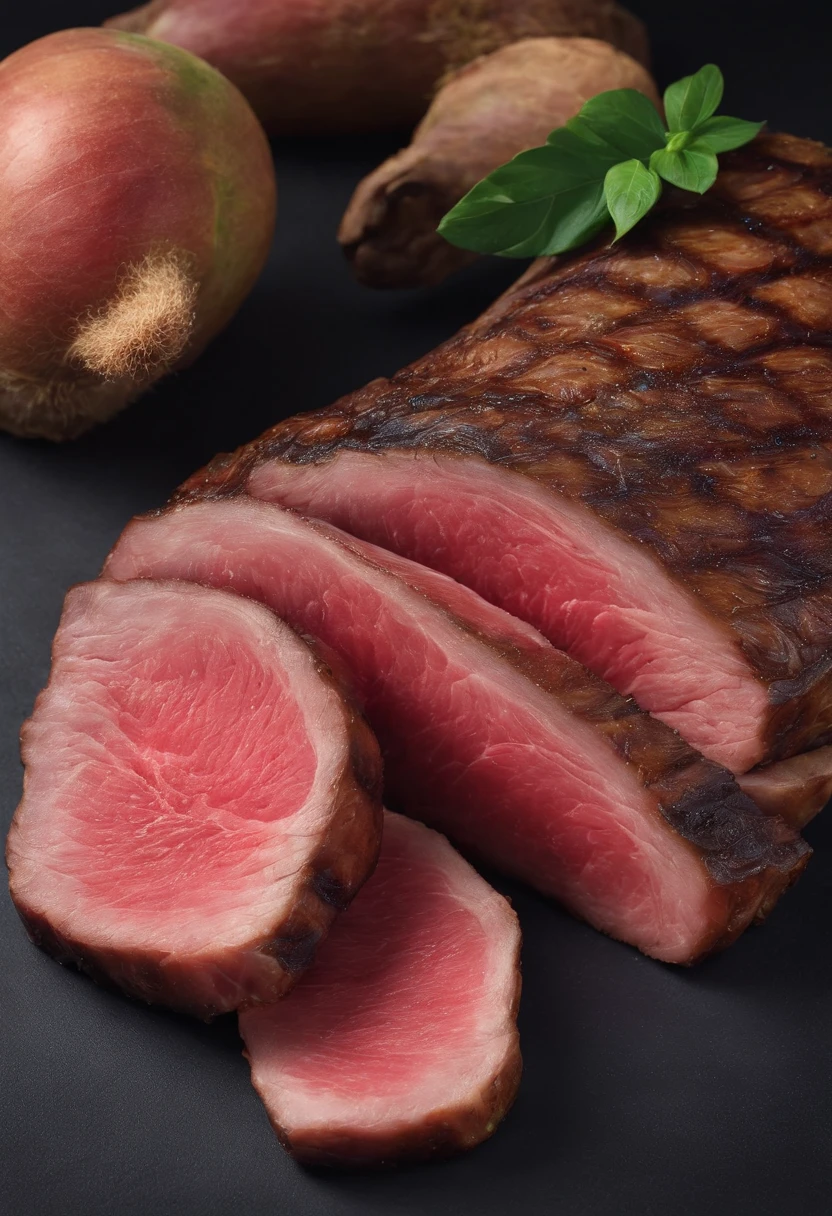 A juicy piece of fresh picanha meat and ccrua, close de perto , Diagonal angle, cinemactic, fotografia profissional, studio illumination, studio background, advertising photography, detalhes intrincados, hiper-detalhado, Ultra realista, 8k UHD