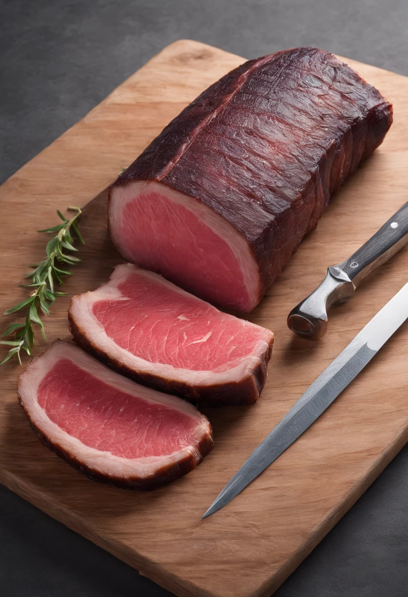 A juicy piece of fresh picanha meat and ccrua, close de perto , Diagonal angle, cinemactic, fotografia profissional, studio illumination, studio background, advertising photography, detalhes intrincados, hiper-detalhado, Ultra realista, 8k UHD