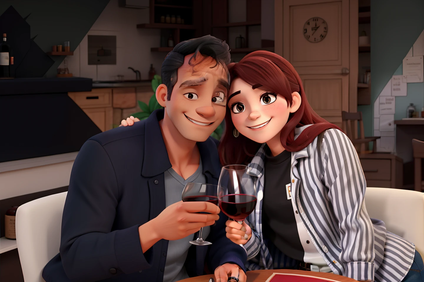 A happy couple both with glass of wine in hand. Homem de jaqueta preta e a mulher com camisa listrada e cachecol preto