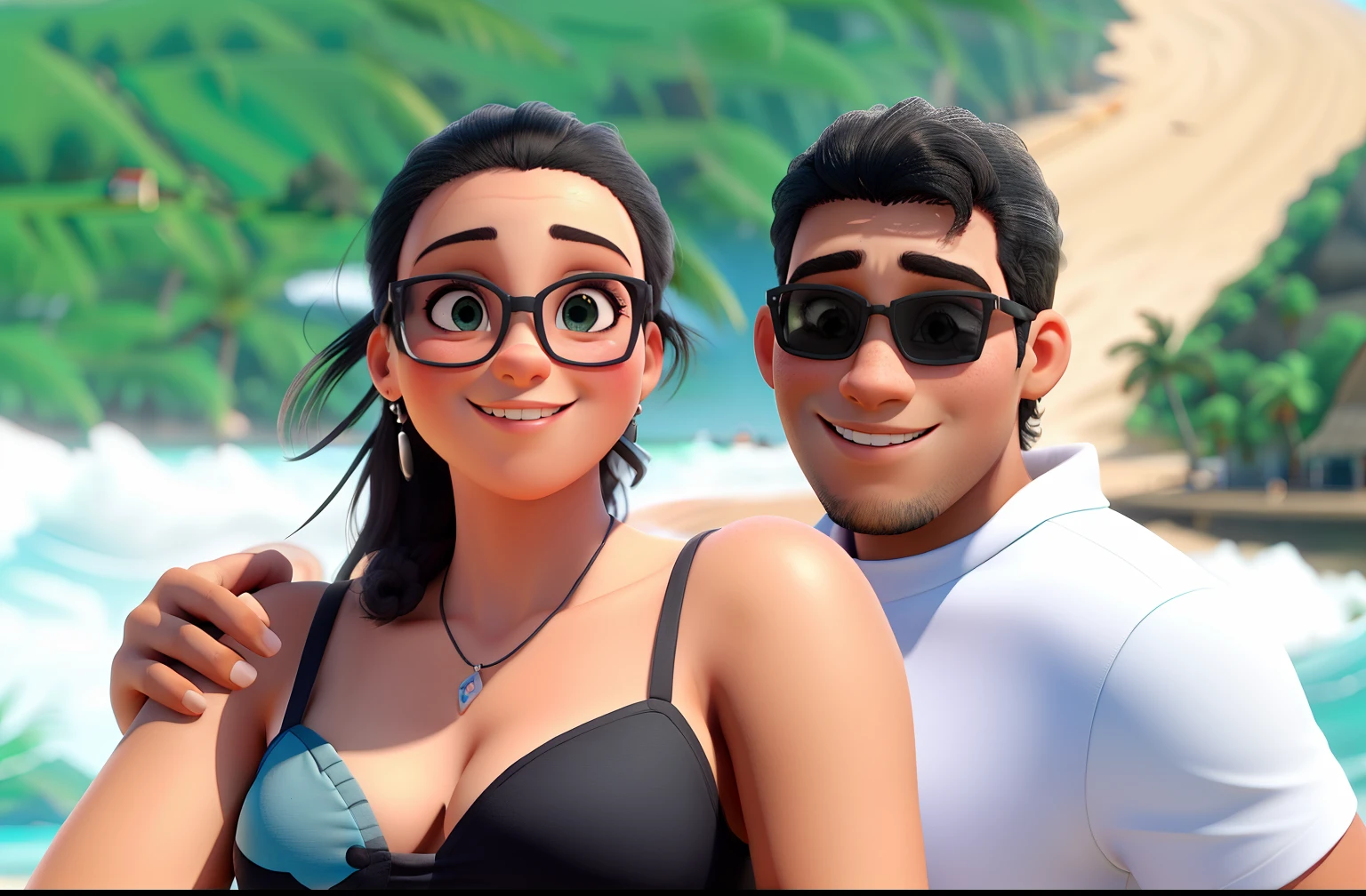 Uma mulher e um homem, ambos morenos e com olhos escuro, ele de camisa branca, ela com um bequine preto, ambos com um sorriso no rosto e iluminados pelo sol. In the background is the black tip beach, em Natal/RN, com a famosa vista do morro do careca.