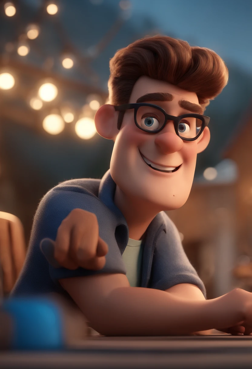 Cartoon character of a man with black glasses and a blue shirt, animation character, Caractere estilizado, animation style rendering, 3D estilizado, Arnold Maya render, 3 d render stylized, toon render keyshot, Personagem 3D, Personagem 3D, 3d rendering stylized, 3 d character render, personagem de desenho animado, Personagem de close up, Pose de personagem, (Estilo Pixar) (master part:1.2) (Bokeh) (best quality) (pele detalhada) (textura detalhada) (8k) (argila) (Cinematic lighting) (foco nítido