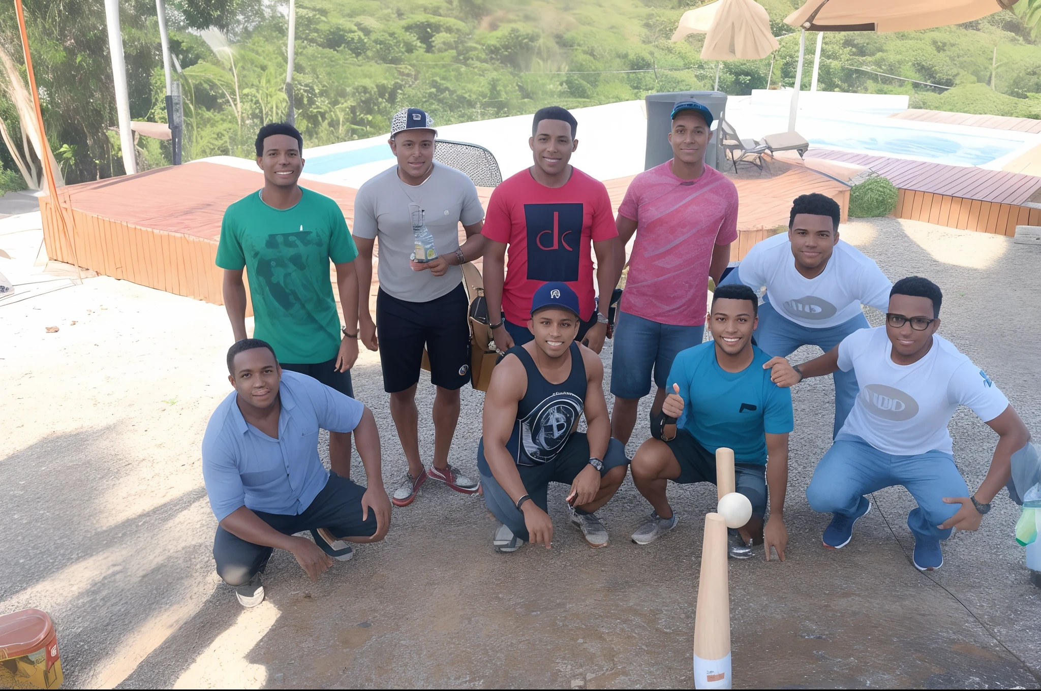 There are many men posing for a photo with a baseball bat, 4 k post, Postagem 4k, Torne-se profissional, Foto realista, Wining, camaradagem, 2506921471, Rocha, 3284479999, todo mundo se divertindo, Directed by: Felipe Seade, muito definido
