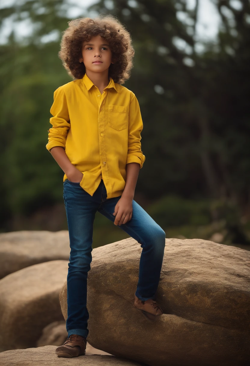 Curly haired -yeld bon yellow blouse and jeans standing on a stone