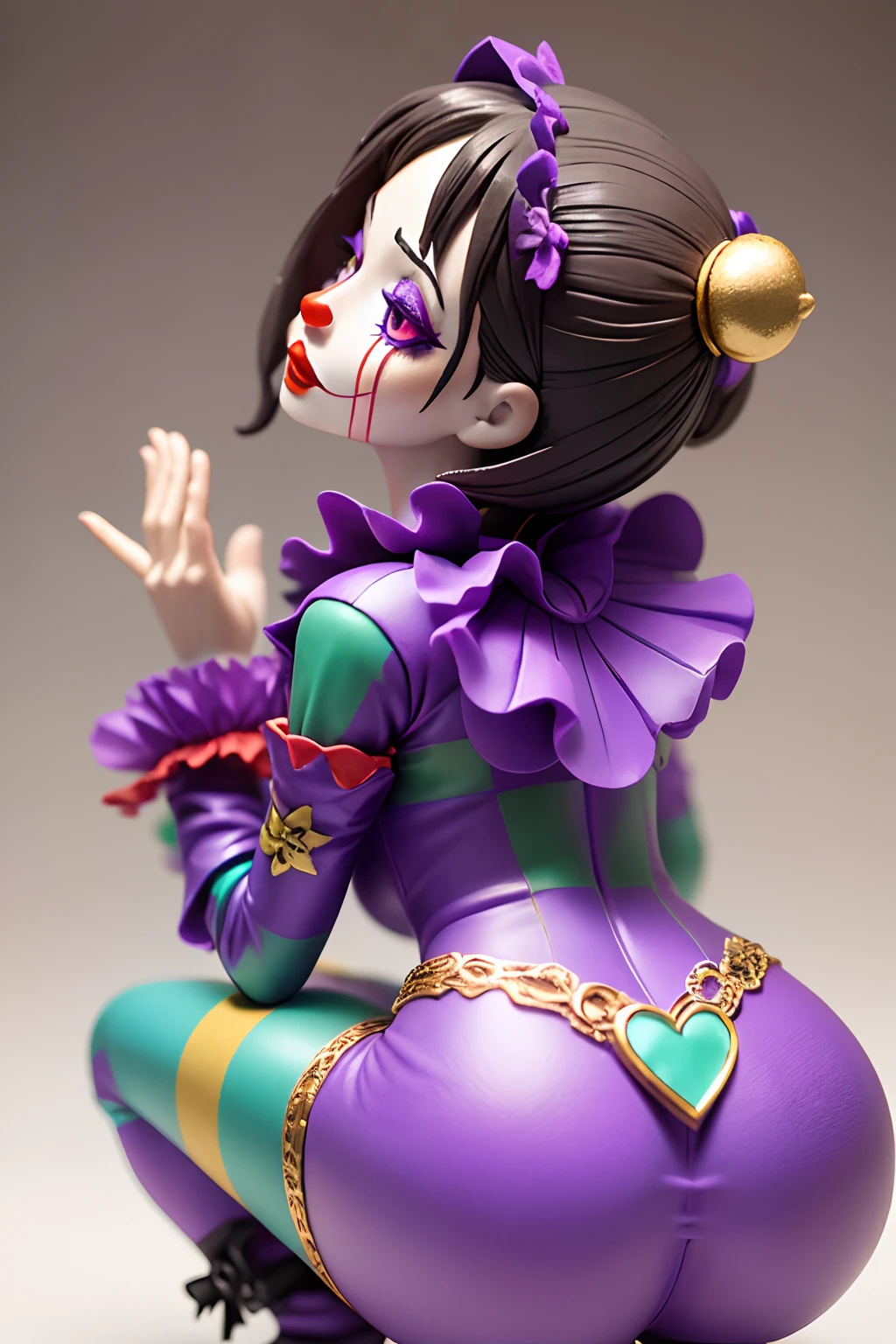 arafed woman ((Amouranth)) in a purple and white outfit , a portrait inspired by Ray Caesar, tumblr, pop surrealism, goth clown girl, intricate clown makeup, intricate clown costume, clown girl, creepy clown girl, natalie shau, jester themed, jester, adrian borda, cutecore clowncore, portrait of circus artist, avant garde fashion model pop up parade figure, seductive anime girl, anime figure, (anime figurine), seductive. highly detailed, aoshima chiho, ( highly detailed figure ), pvc figurine ((tears)) ((begging)) ((pray)) ((squatting)) ((back view))