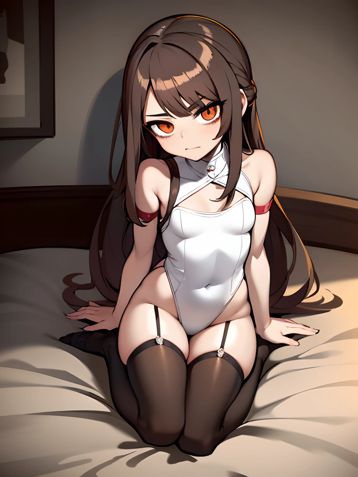 Extreme refinement, 1girl in, li, dirty bedroom, NEET, femcel, long brown hair, straight hair, straight bangs, forehead bangs, maid dress, stockings, kawaii, loser girl, shoujo, 2000’s anime style（small tits) (petite body) (very thin) (no curves)