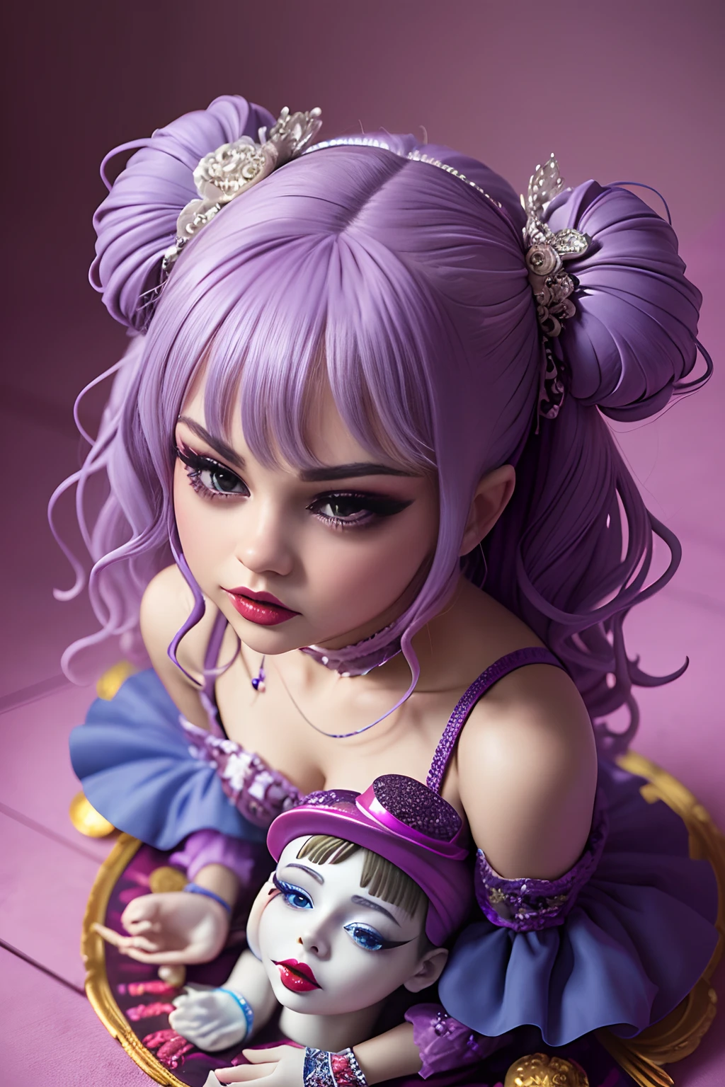arafed woman ((Selena Gomez)) in a purple and white outfit , a portrait inspired by Ray Caesar, tumblr, pop surrealism, goth clown girl, intricate clown makeup, intricate clown costume, clown girl, creepy clown girl, natalie shau, jester themed, jester, adrian borda, cutecore clowncore, portrait of circus artist, avant garde fashion model pop up parade figure, seductive anime girl, anime figure, (anime figurine), seductive. highly detailed, aoshima chiho, ( highly detailed figure ), pvc figurine ((tears)) ((begging)) ((pray)) ((squatting)) ((back view)) ((clothes are too small))