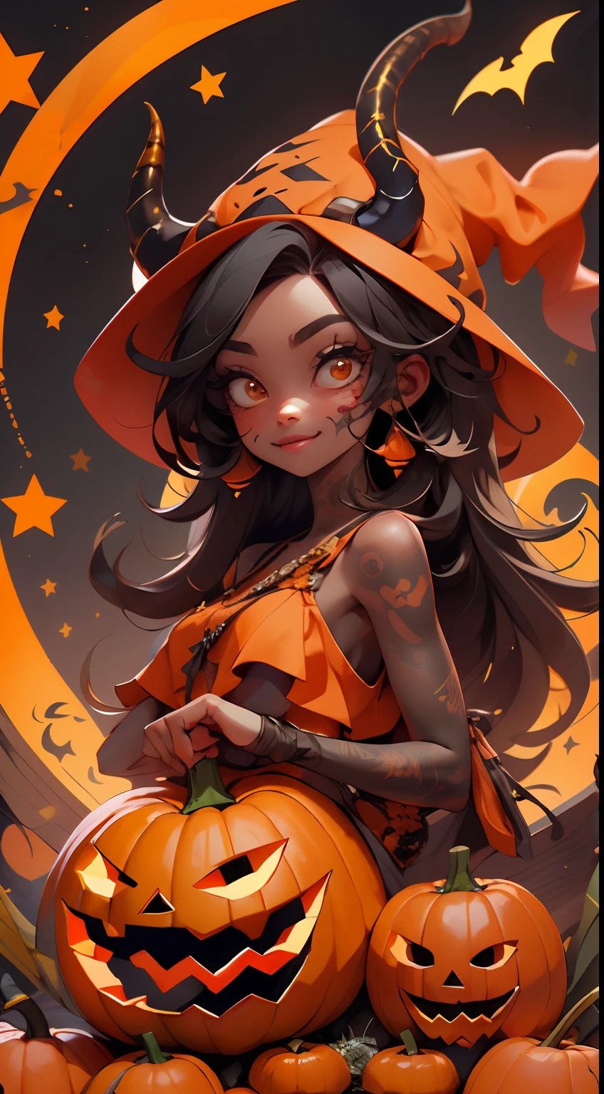 girl with a pumpkin hat and a demon horn, orenge style and tattoos on face, pumpkins, halloween theme