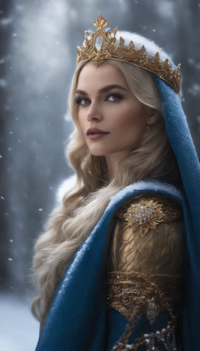 Woman with an ice tiara on her head and a navy blue winter cloak with golden details, broche de floco de neve. longos cabelos pretos. rainha do inverno, princesa elfa, retrato de uma rainha elfa, rainha elfa, princesa inverno, uma rainha elfa, artgerm em artstation pixiv, bela e elegante rainha elfa, corpo inteiro. Standing in the snow in front of a large icy castle. Personagem de RPG. Era medieval. Mulher elfa. Elfa de cabelos ruivos. Olhos azuis. Elfa da floresta. Elfa Guerreira da floresta. Elfa arqueira. Arqueira medieval. Arco e Flecha. Organic Amadura. Armadura verde musgo. soft ilumination. Standing in the middle of the forest. Floresta densa. Cogumelos bioluminescentes. fantastical setting. Luz do dia. Luz solar. realces de cores quentes. Paleta verde azul e amarelo. RPG Character design. modelo ig | artgerm, :: rossdraws, obra de arte no estilo de guweiz, extremamente detalhada artgerm. corpo inteiro, fundo detalhado de um castelo, hiper detalhado, rosto detalhado, foto sincera POV, por lee jeffries, Nikon d850, filme fotografia de estoque ,4 kodak portra 400, F1 camera lens.6, cores ricas, hiper realista, textura realista, lighting dramatic, cinestill 800 (8k, Foto RAW, melhor qualidade, obra-prima: 1.2), ultra-detalhado, (pele altamente detalhada: 1.2), 8k UHD, DSLR, soft ilumination, alta qualidade.modelo ig | artgerm, :: rossdraws, obra de arte no estilo de guweiz, extremamente detalhada artgerm. corpo inteiro, fundo detalhado de um castelo, hiper detalhado, rosto detalhado, foto sincera POV, por lee jeffries, Nikon d850, filme fotografia de estoque ,4 kodak portra 400, F1 camera lens.6, cores ricas, hiper realista, textura realista, lighting dramatic, cinestill 800