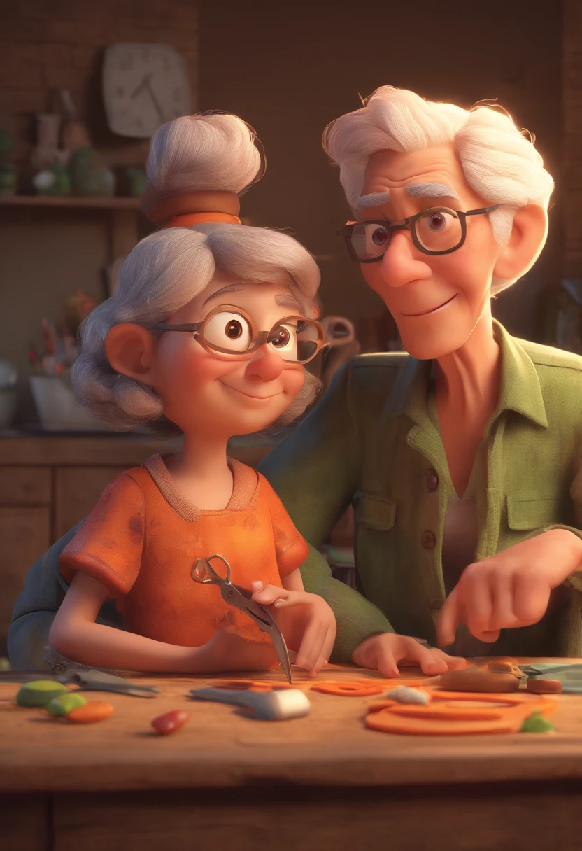 Estilo Pixar: Old woman is holding a brown-eyed girl and in her other hand he is holding a pair of scissors and is trying to cut off the boy's testicles,3D Poster,Disney