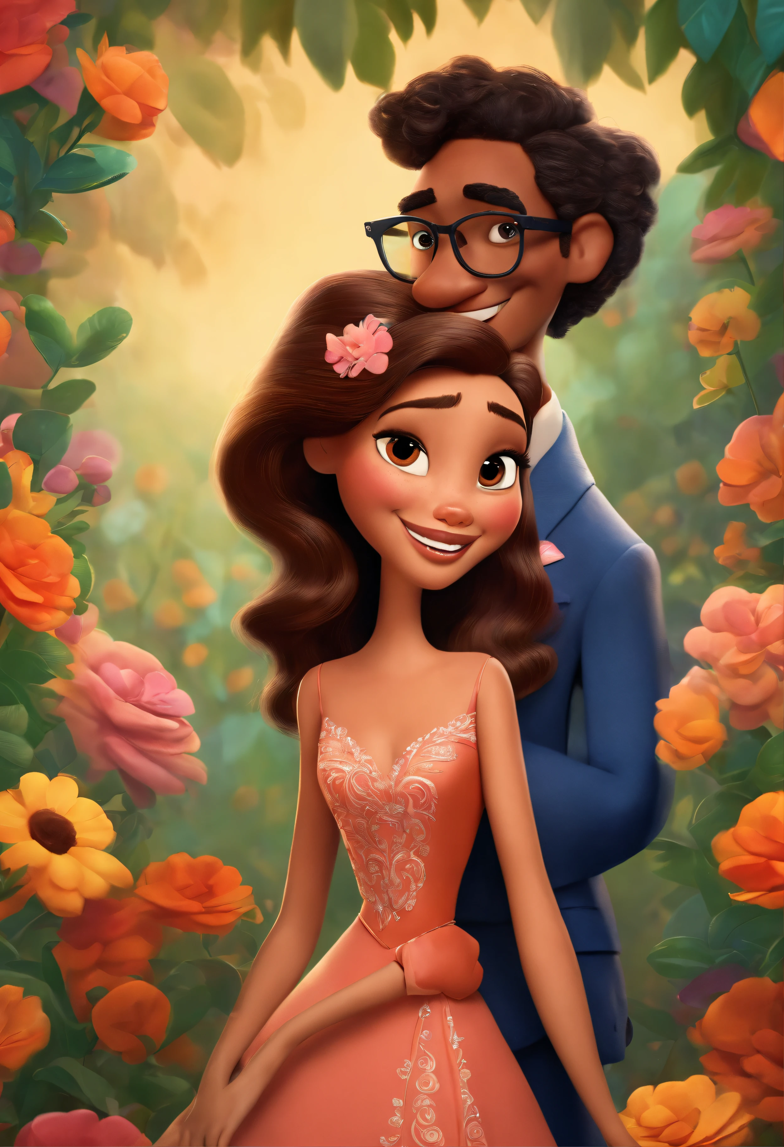Create a Pixar-style poster titled 'The Tobias' She's a brunette, cabelos cacheados na altura dos ombros, sorridente, usando um vestido, And he's a media mulatto , wearing glasses and suit, smiling against a floral backdrop with vibrant Disney Pixar colors and textures with a couple. arte digital deve evocar o estilo da Pixar, Reminiscent of animated features. Focus on character expressions, cores vibrantes, e texturas altamente detalhadas