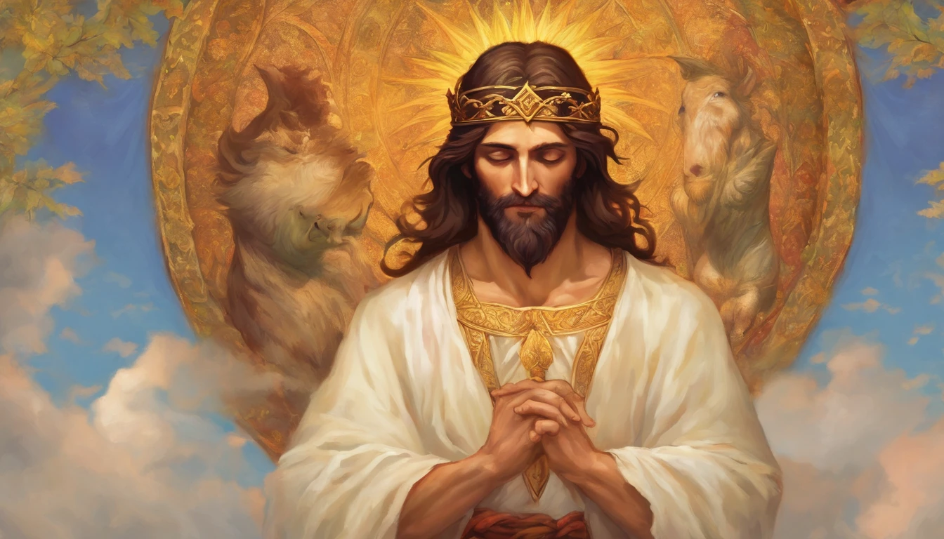 Pintura de um homem sentado ao lado de Jesus Cristo, com anjos em volta, Accurate biblical.