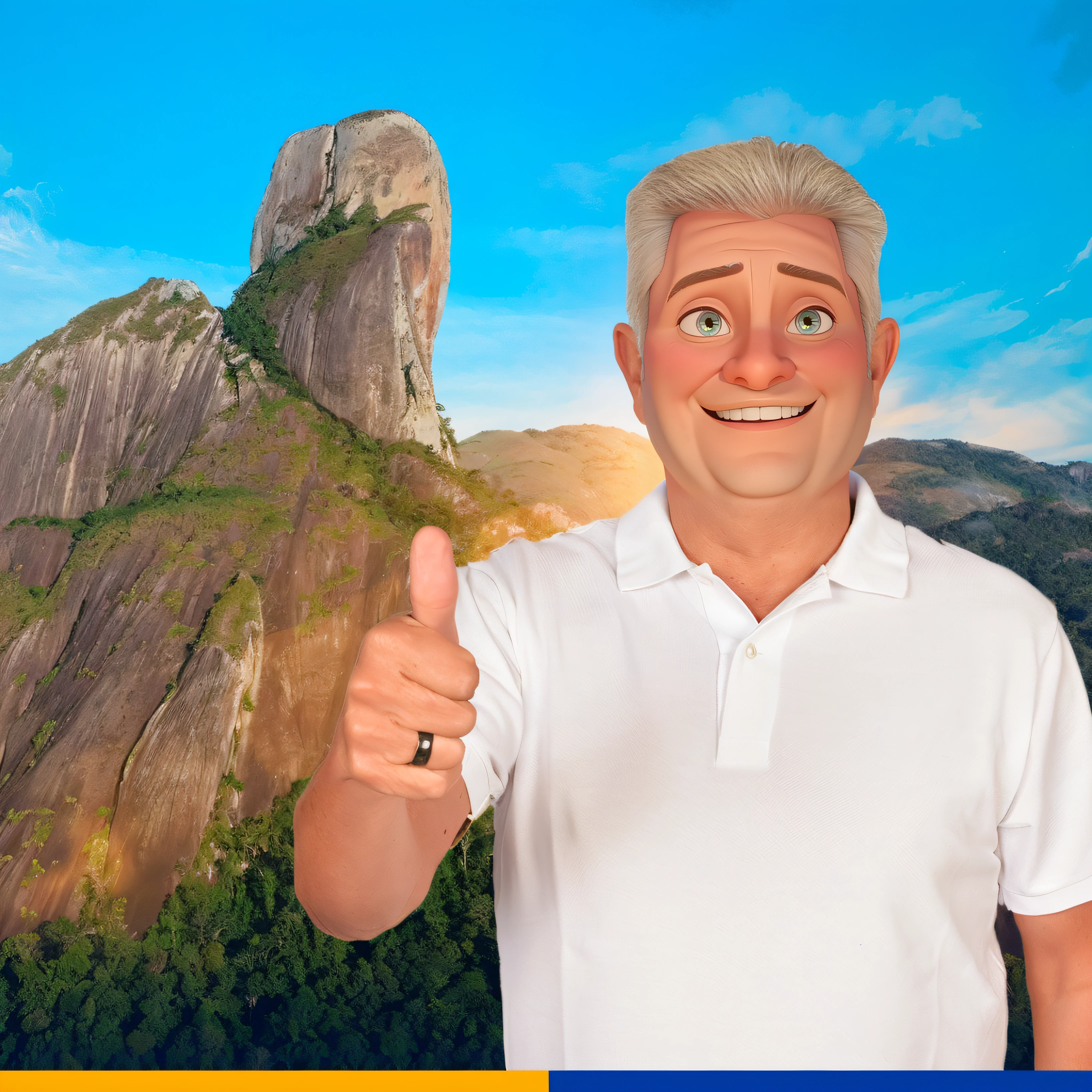 Um senhor estilo pixar sorrindo e acenando com uma montanha ao fundo, blue skies