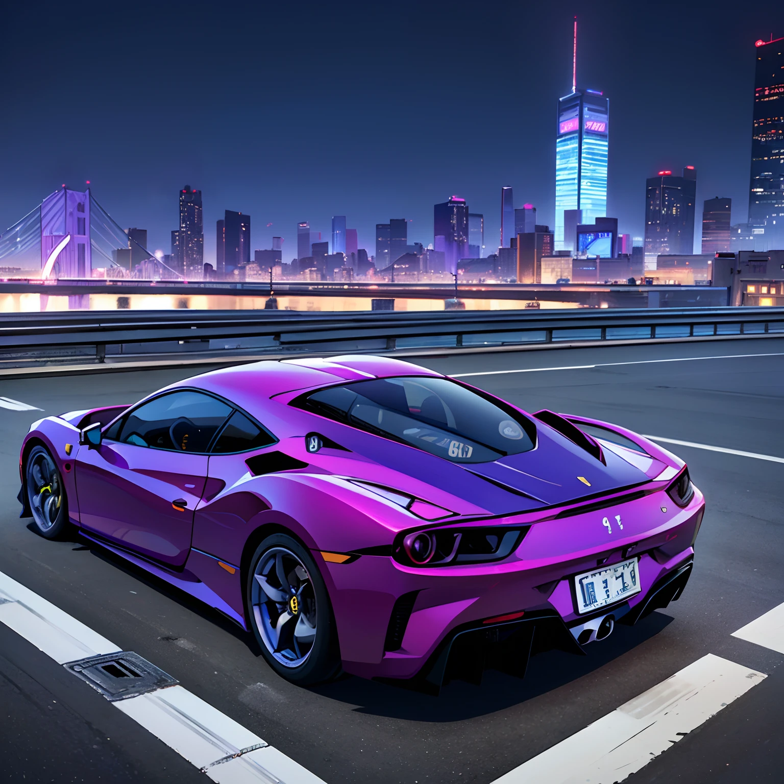 (Best quality, 8k, Masterpiece :1.2), hyper realistic, cyberpunk, at a mountain, an detailed purple Ferrari 488, Speeding on the highway, (Facing the audience), The blue skyscraper in the background, at night,