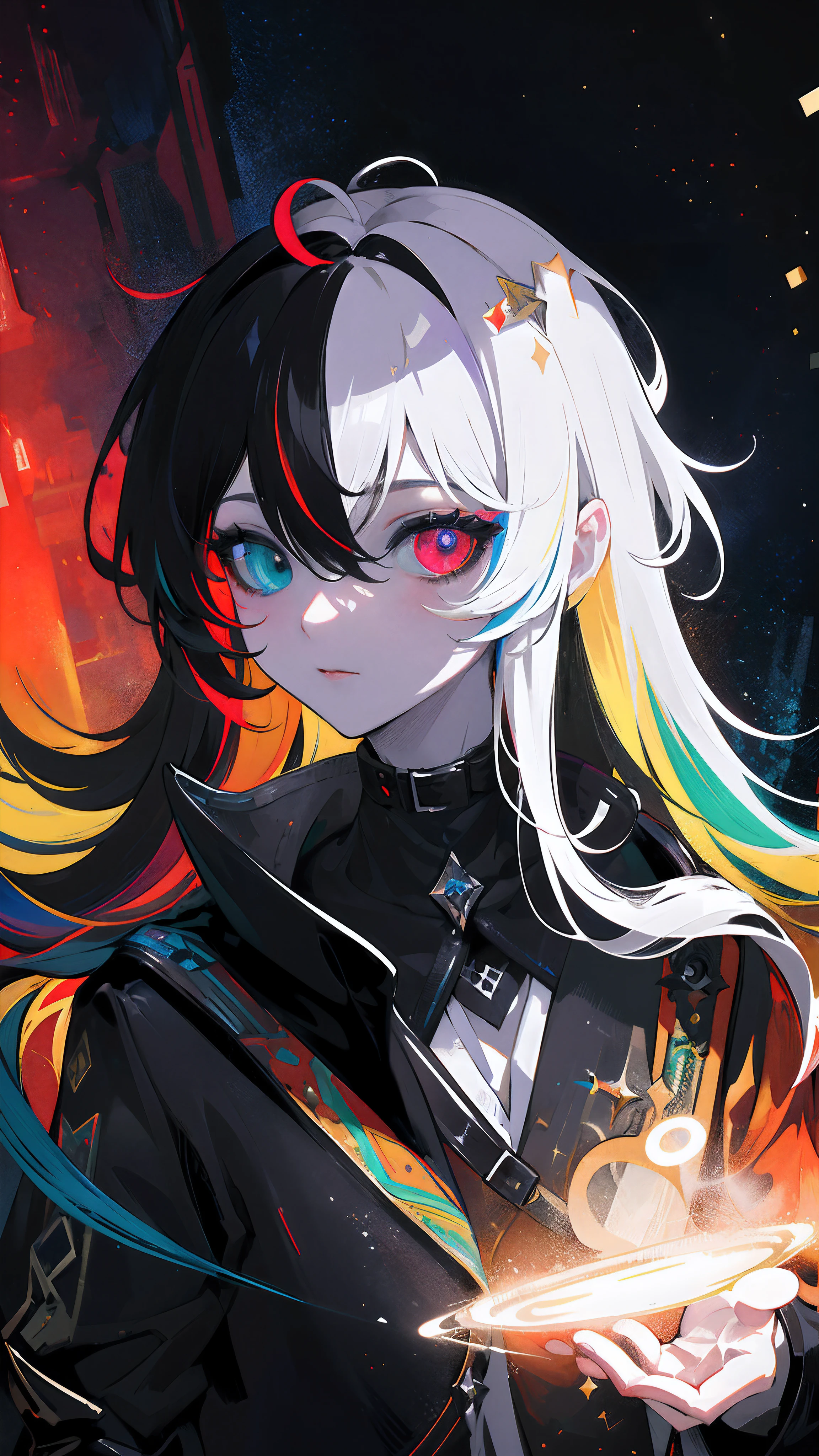 {{masterpiece}}, best quality, extremely detailed CG unity 8k wallpaper, cinematic lighting, lens flare, beautiful detail eyes, black, side glance, multicolor hair, colorful light, particles, heterochromia, (colorful:1.5), (colorful hair:1.5),