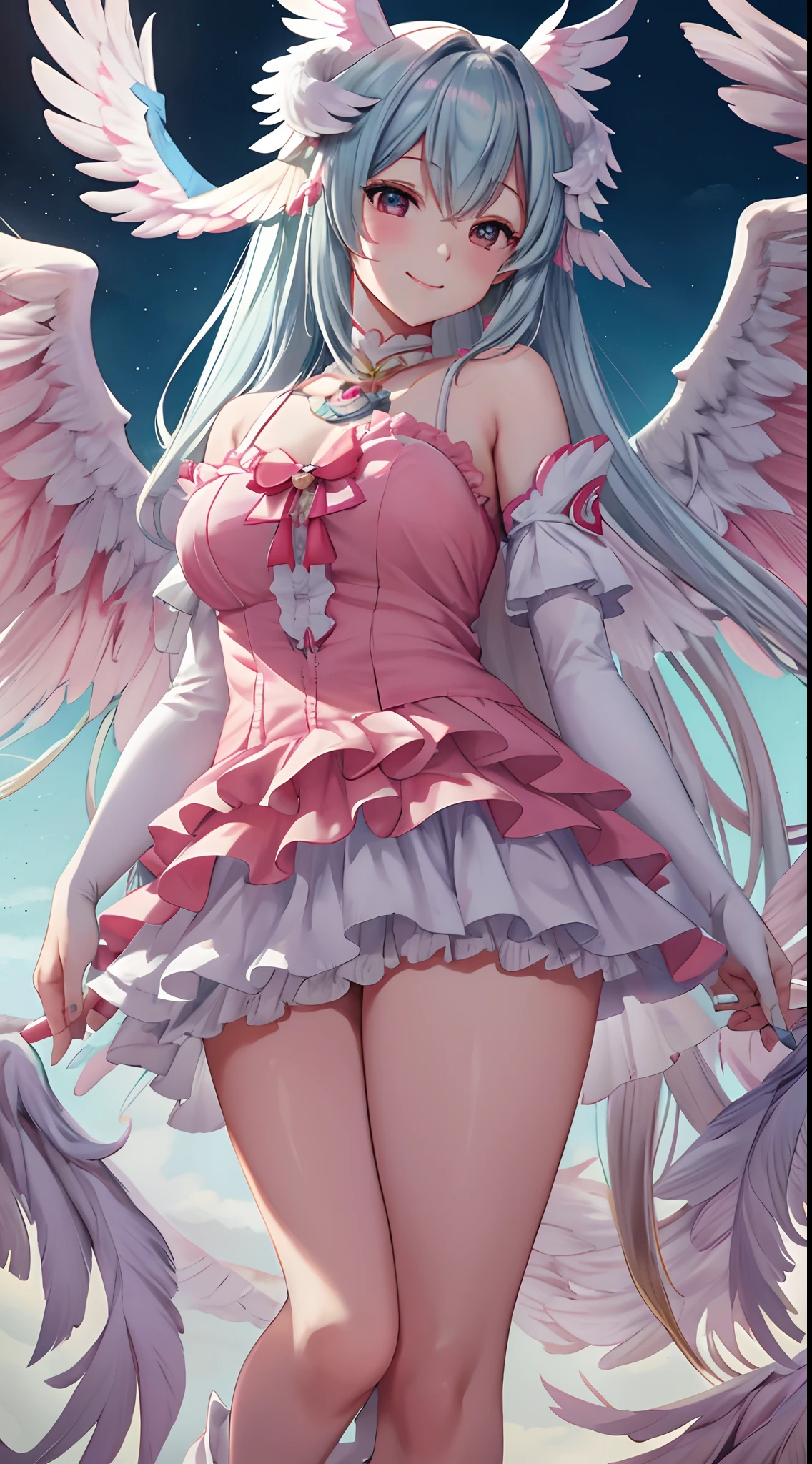 ((masutepiece, Best Quality)),Photography, Detailed skin, Realistic, Photorealsitic, 8K, Highly detailed, full length frame, High Detail RAW Color Art, diffused soft lighting, Shallow depth of field, 
Pink Edge Garuda_Dress, Crimson Bird_Woman with spread wings ,Black eyes、adorable smiling、Light blue long hair、Twin-tailed、Wearing a pink Edge Garuda_Dress