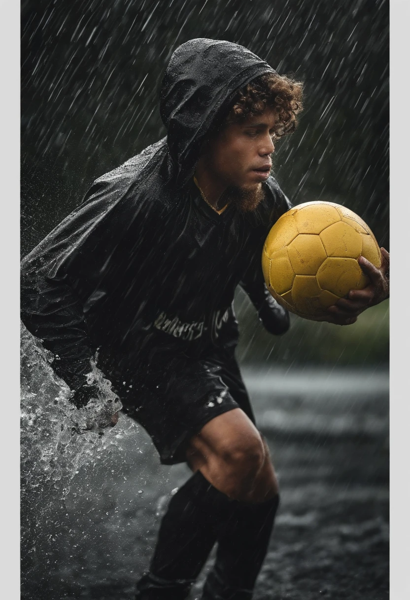  feliz cor preta, cabelo black, olhos castanho escuro, Throwing ball in the rain and kicking there goal,