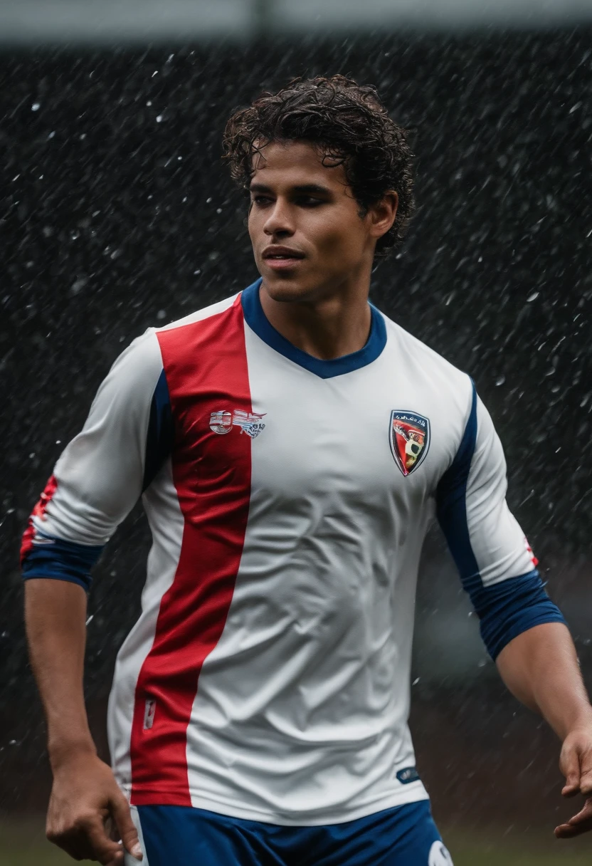 Menino feliz cor preta, cabelo black, olhos castanho escuro, Throwing ball in the rain and kicking there goal,